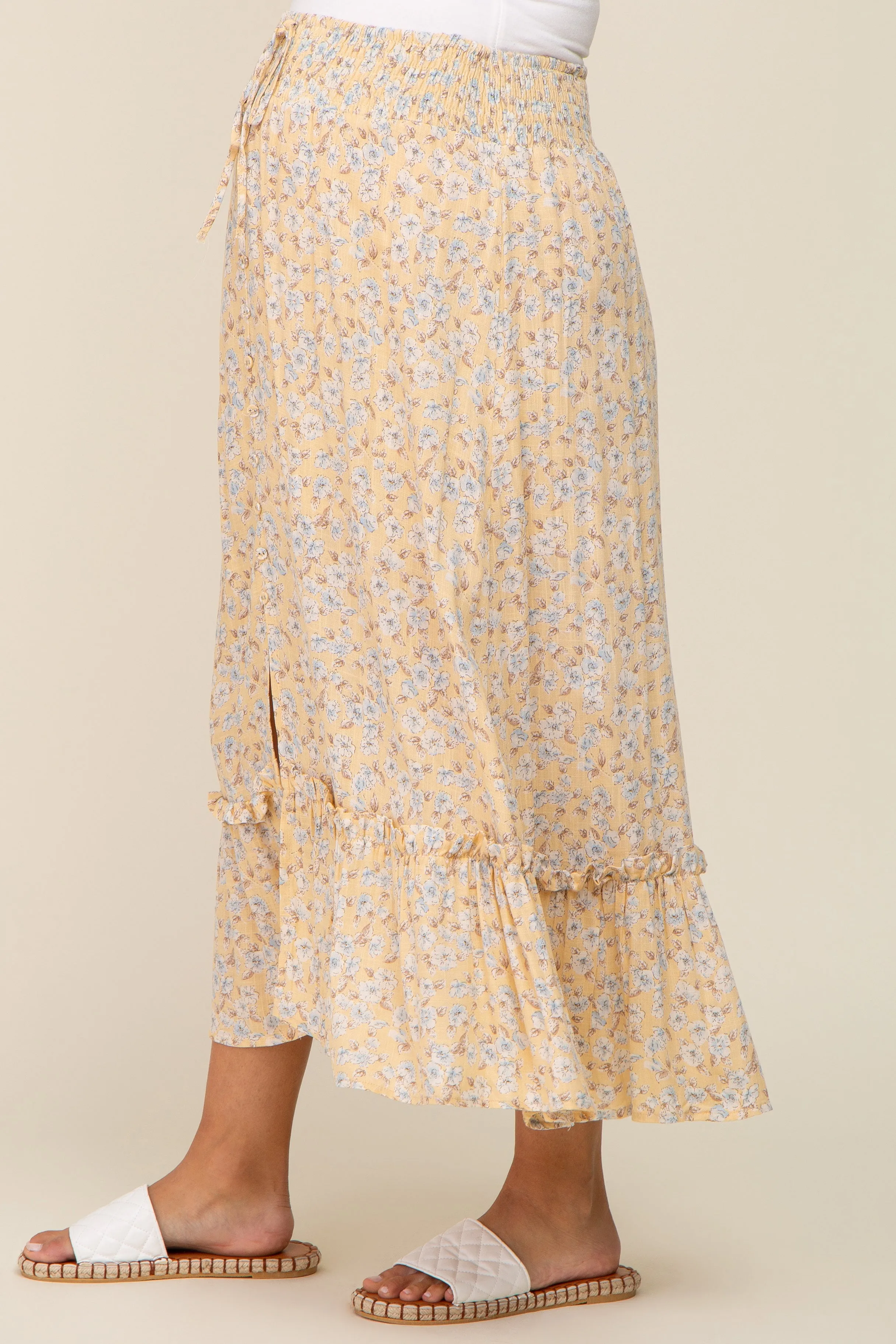 Yellow Floral Button Ruffle Maternity Maxi Skirt sold by Pinkblush product image thumbnail 3