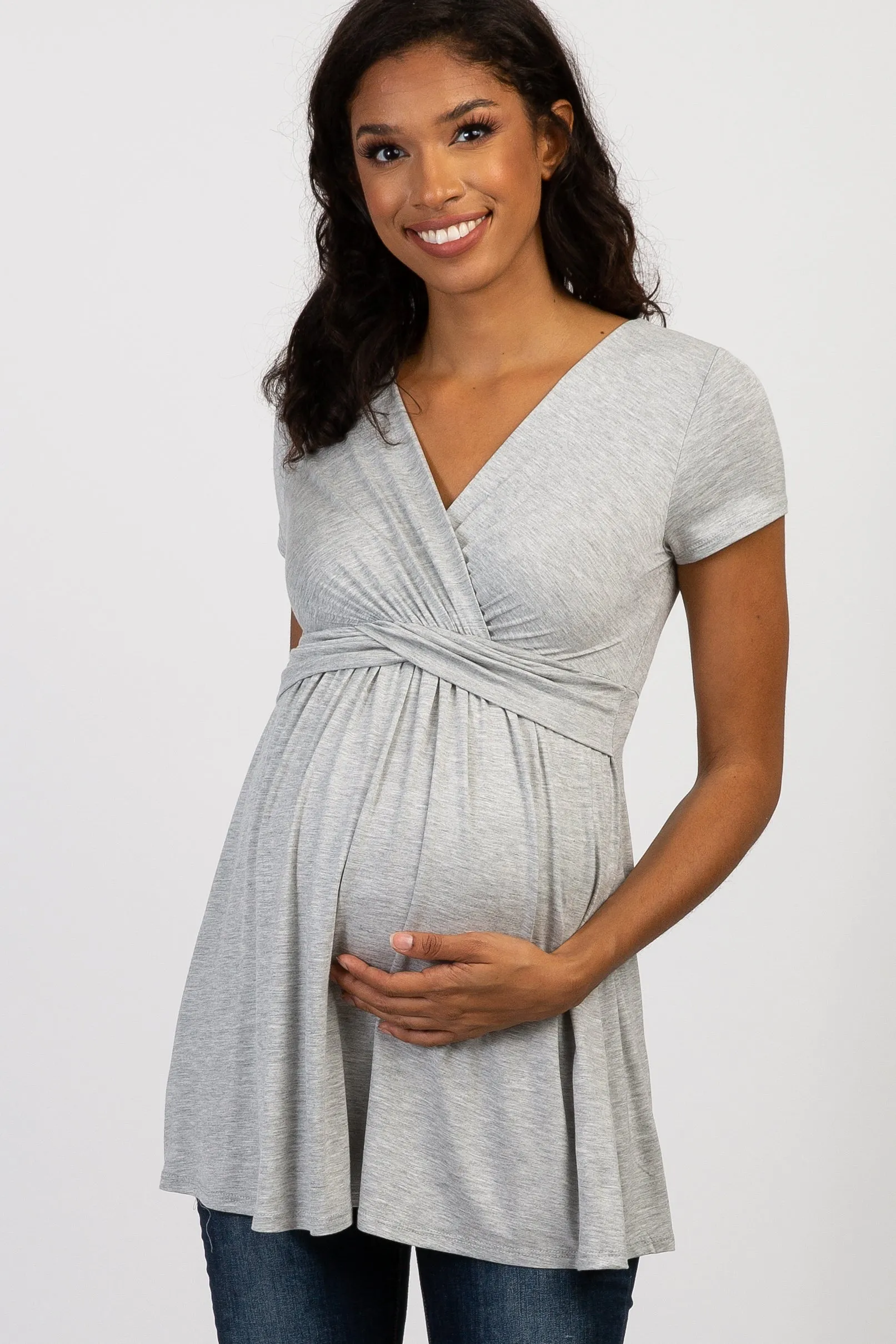 PinkBlush Grey Draped Front Maternity/Nursing Top sold by Pinkblush