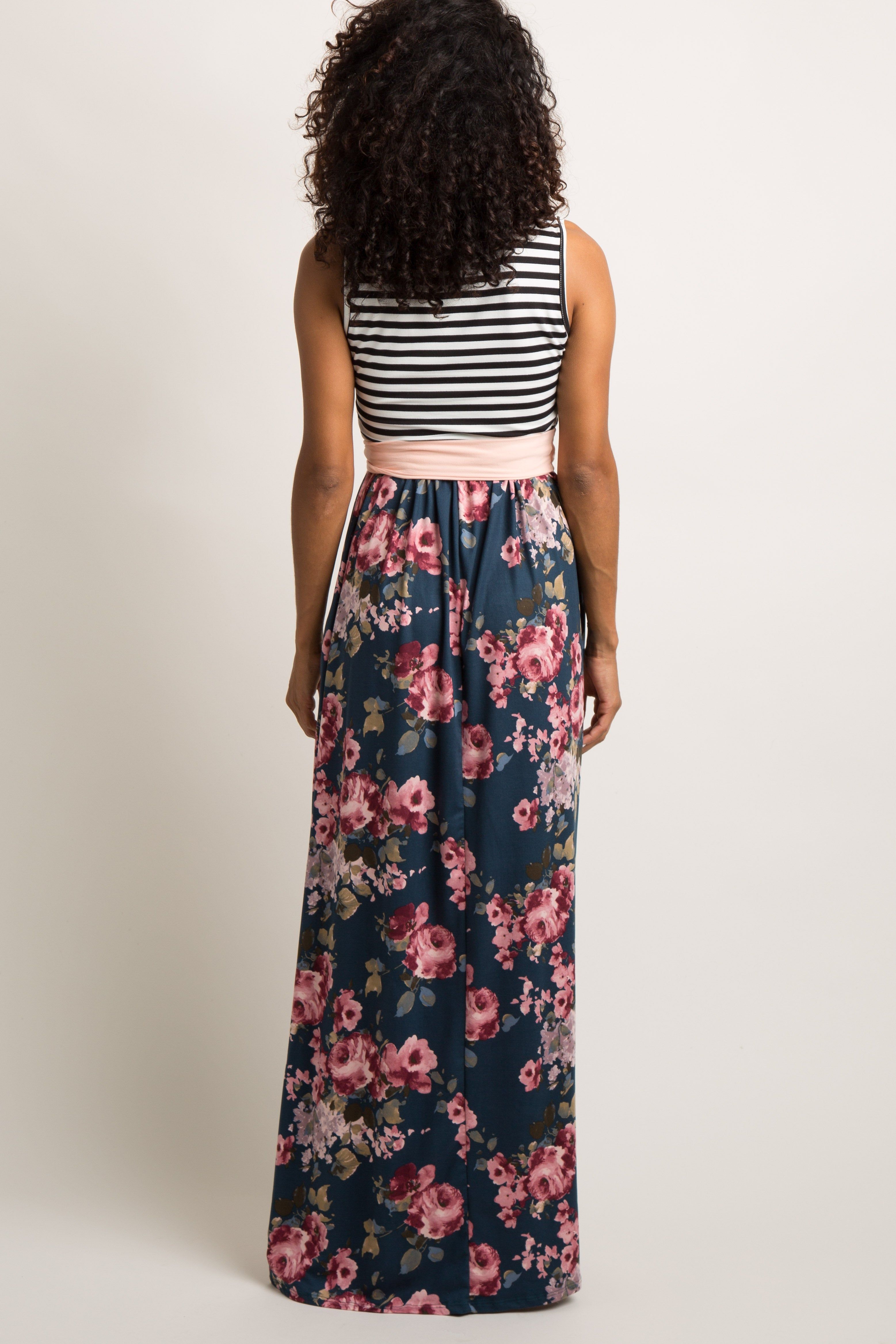 Teal Floral Striped Sash Tie Maxi Dress sold by Pinkblush product image thumbnail 3