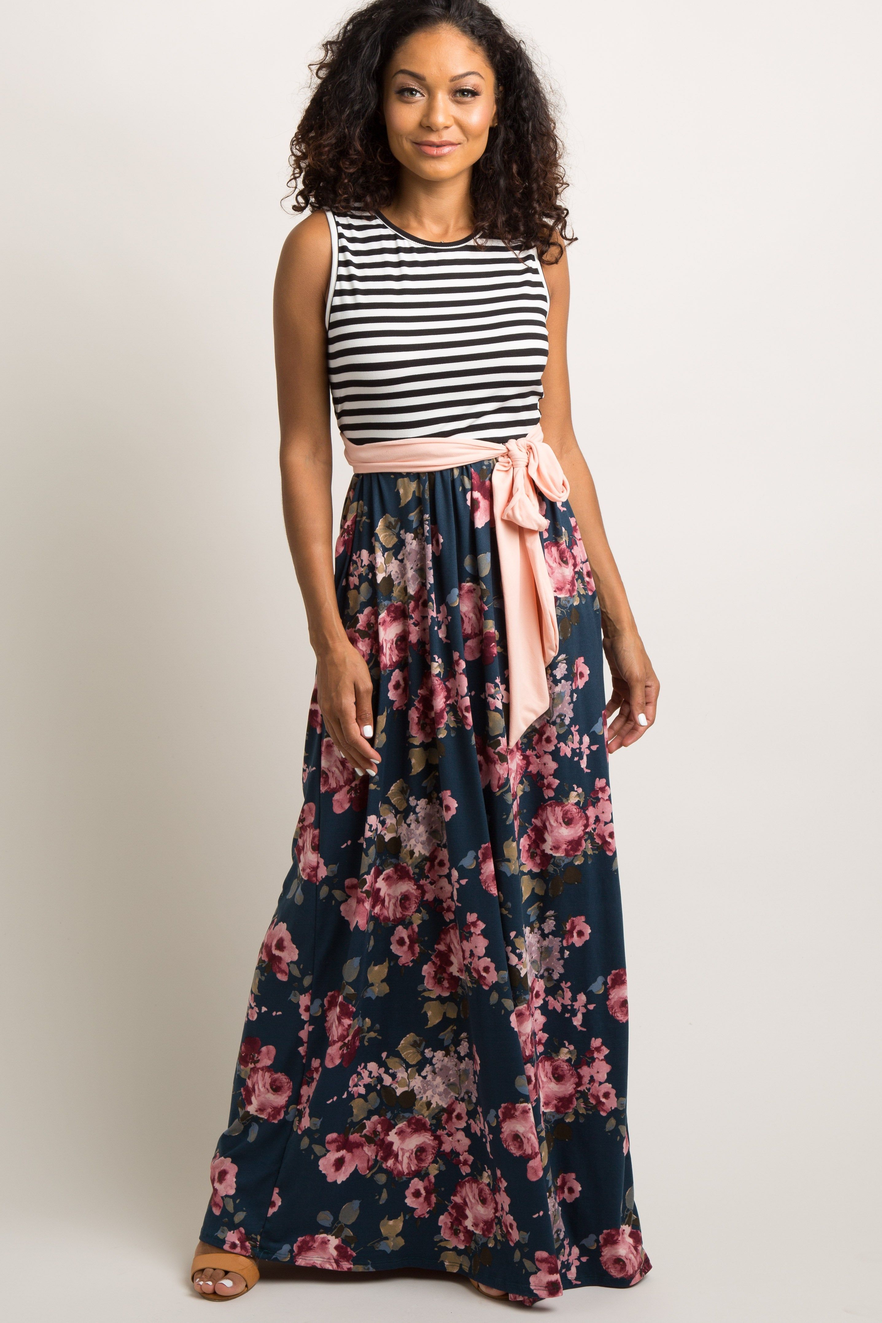 Teal Floral Striped Sash Tie Maxi Dress sold by Pinkblush