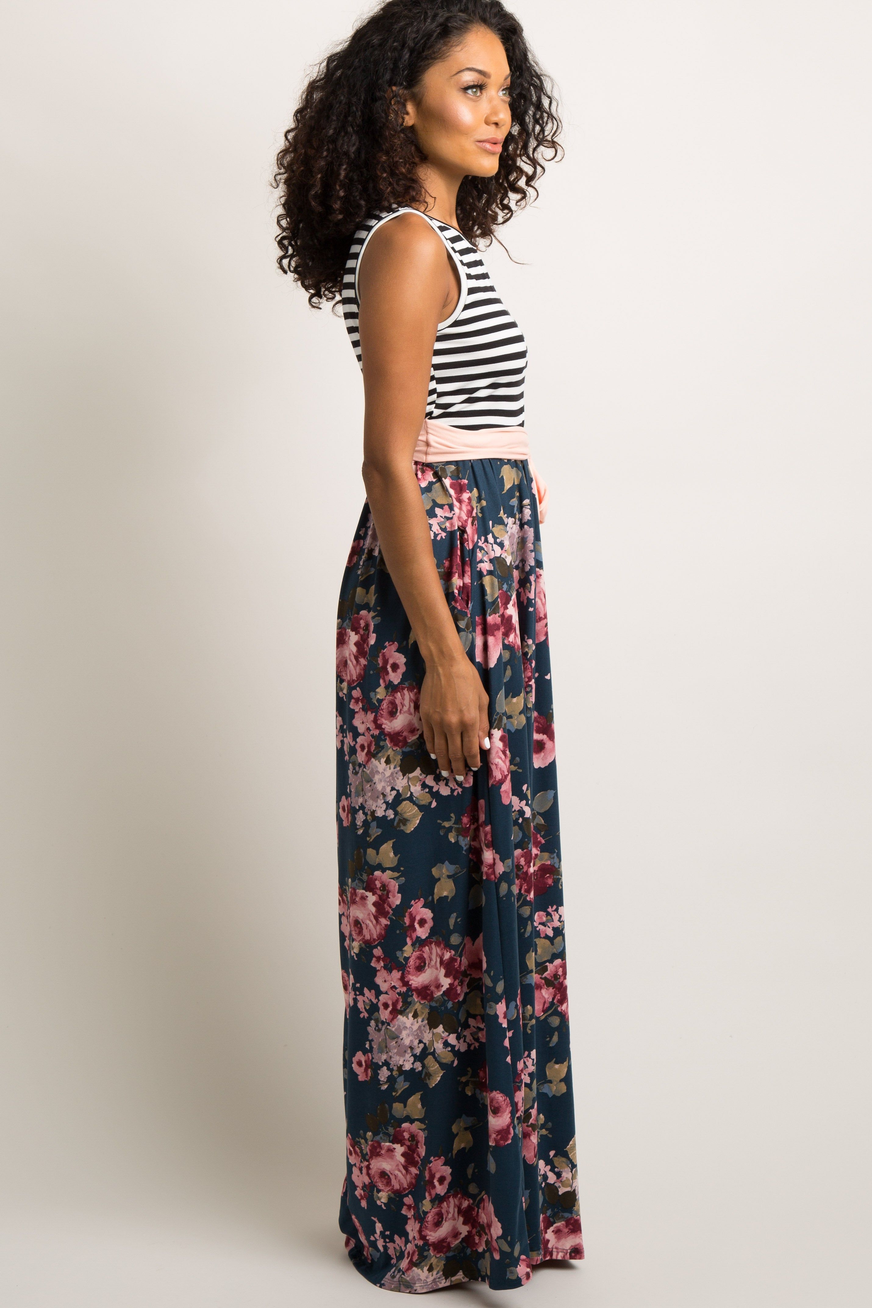 Teal Floral Striped Sash Tie Maxi Dress sold by Pinkblush product image thumbnail 2