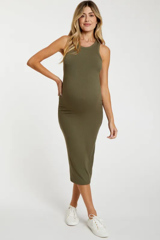 Olive Sleeveless Ribbed Fitted Maternity Midi Dress sold by Pinkblush