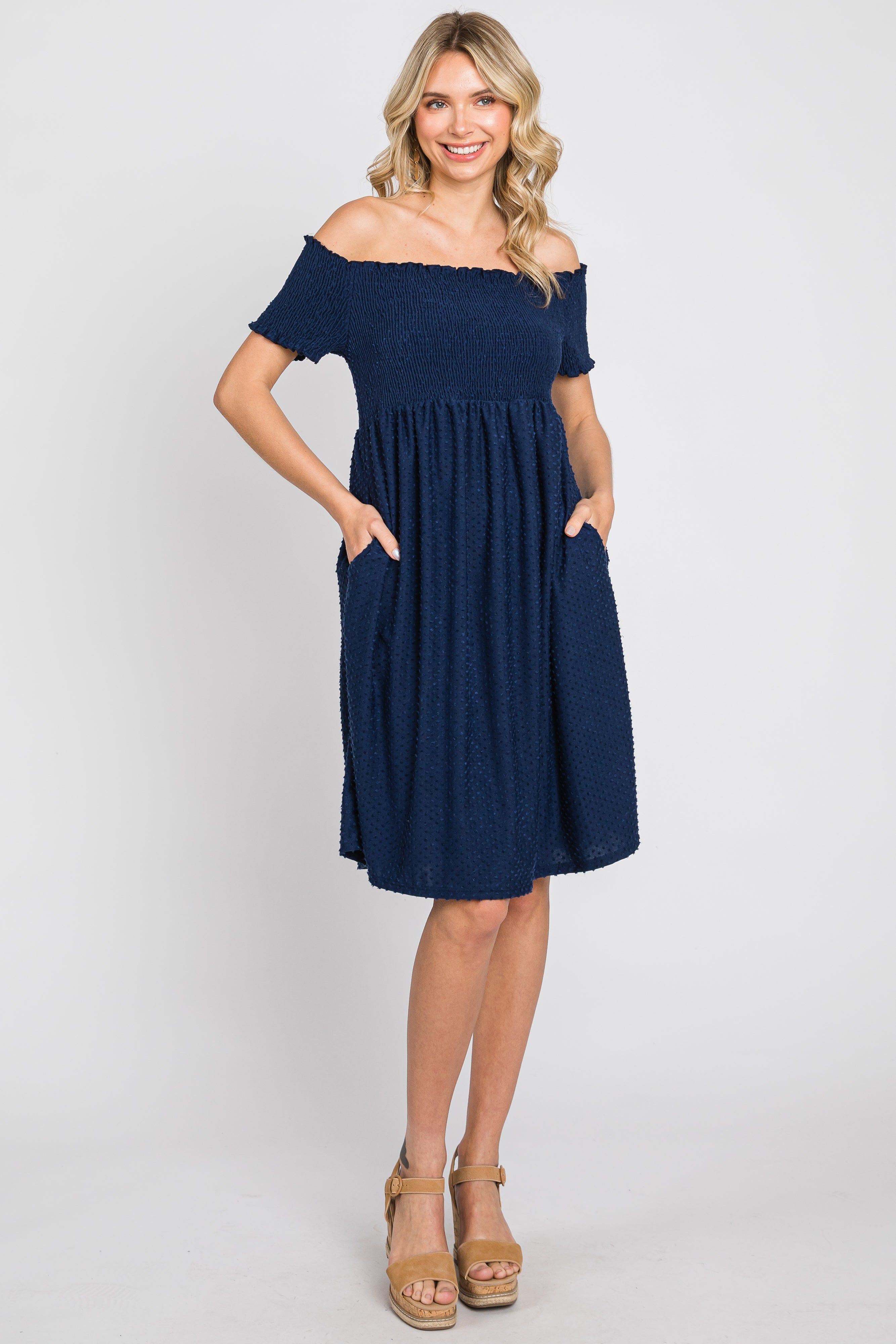 Navy Swiss Dot Off Shoulder Dress sold by Pinkblush product image thumbnail 4