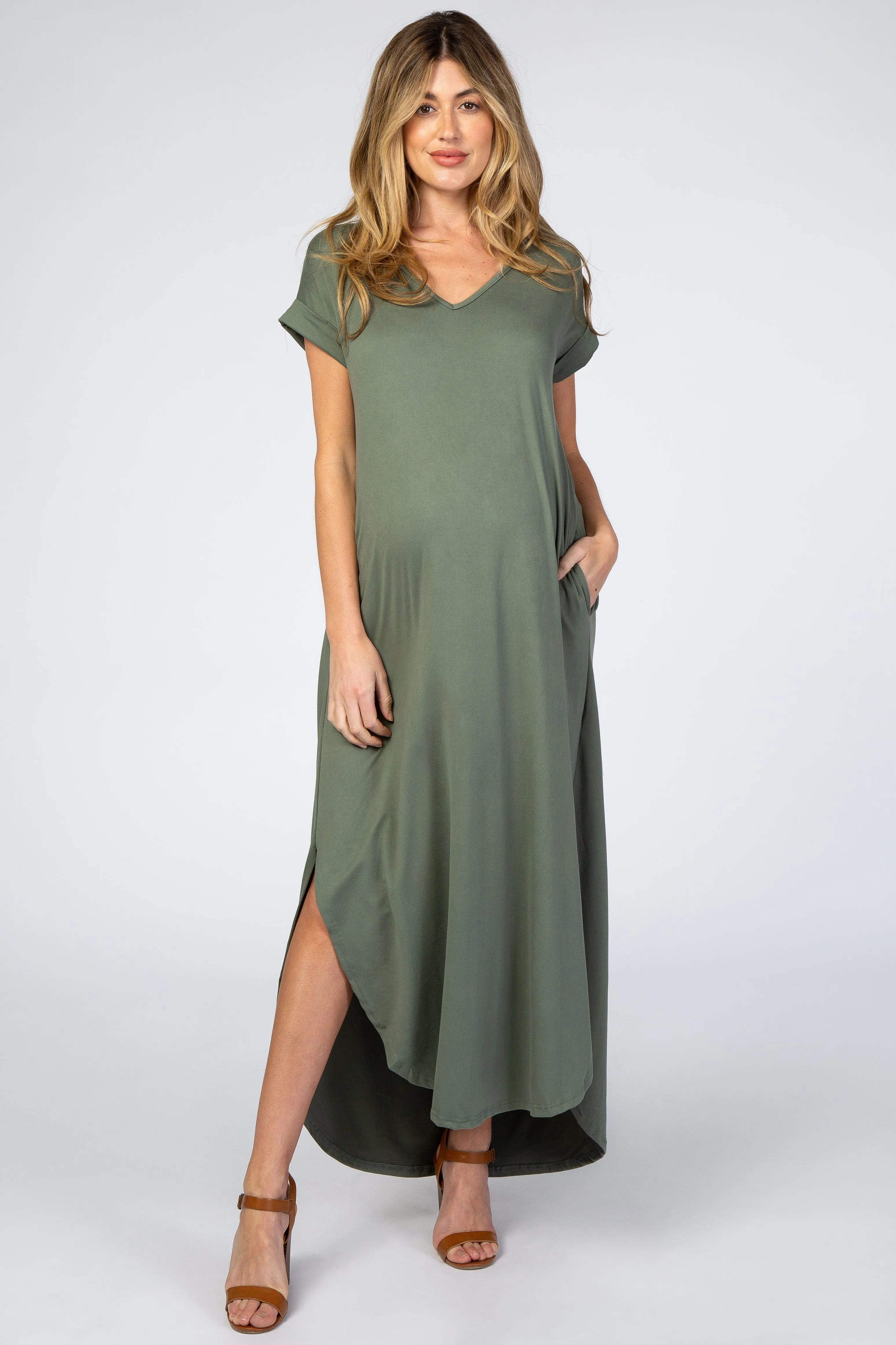 Olive Side Slit Maternity Maxi Dress sold by Pinkblush