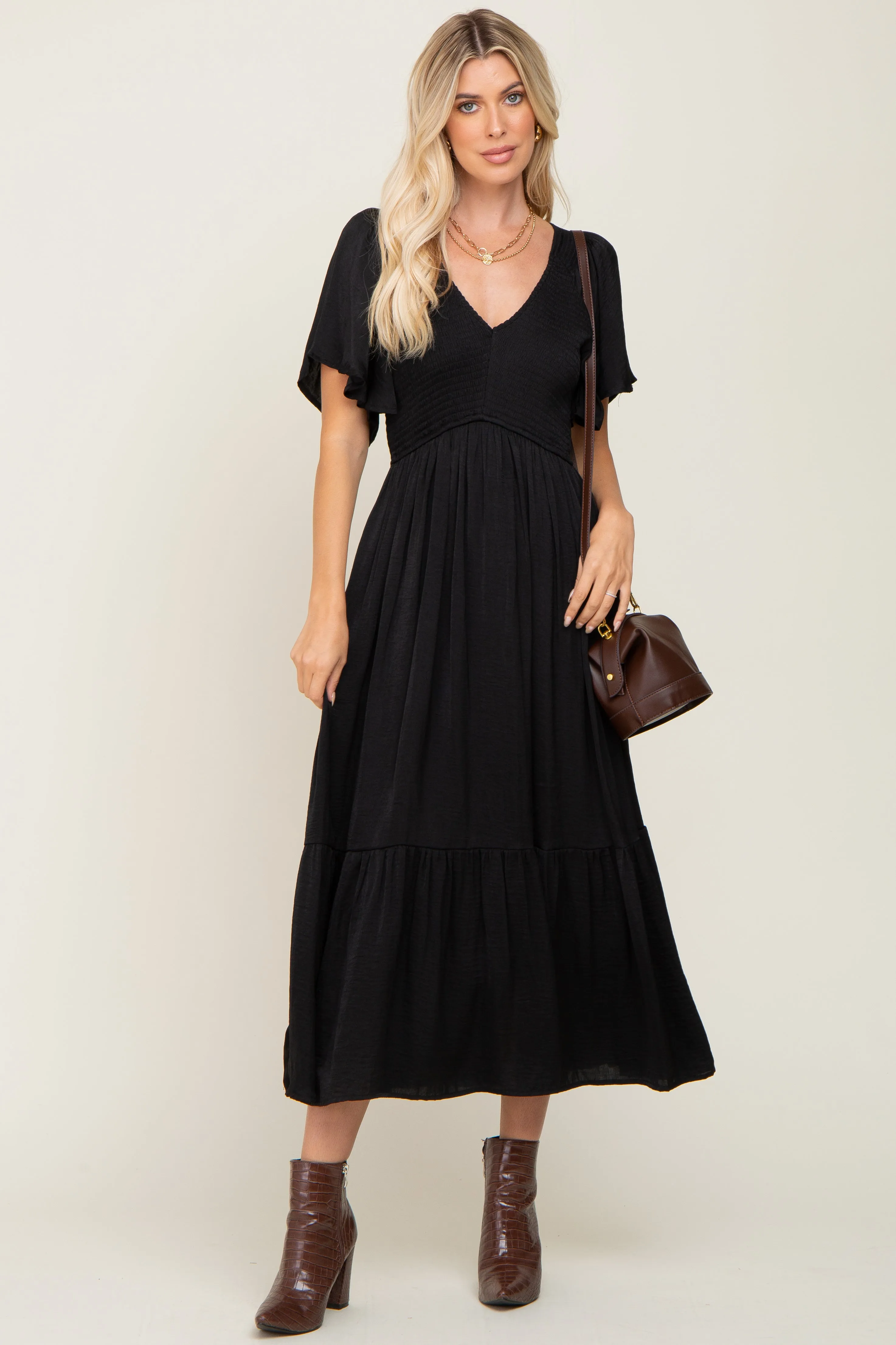 Black Satin Smocked Maternity Midi Dress sold by Pinkblush product image thumbnail 5