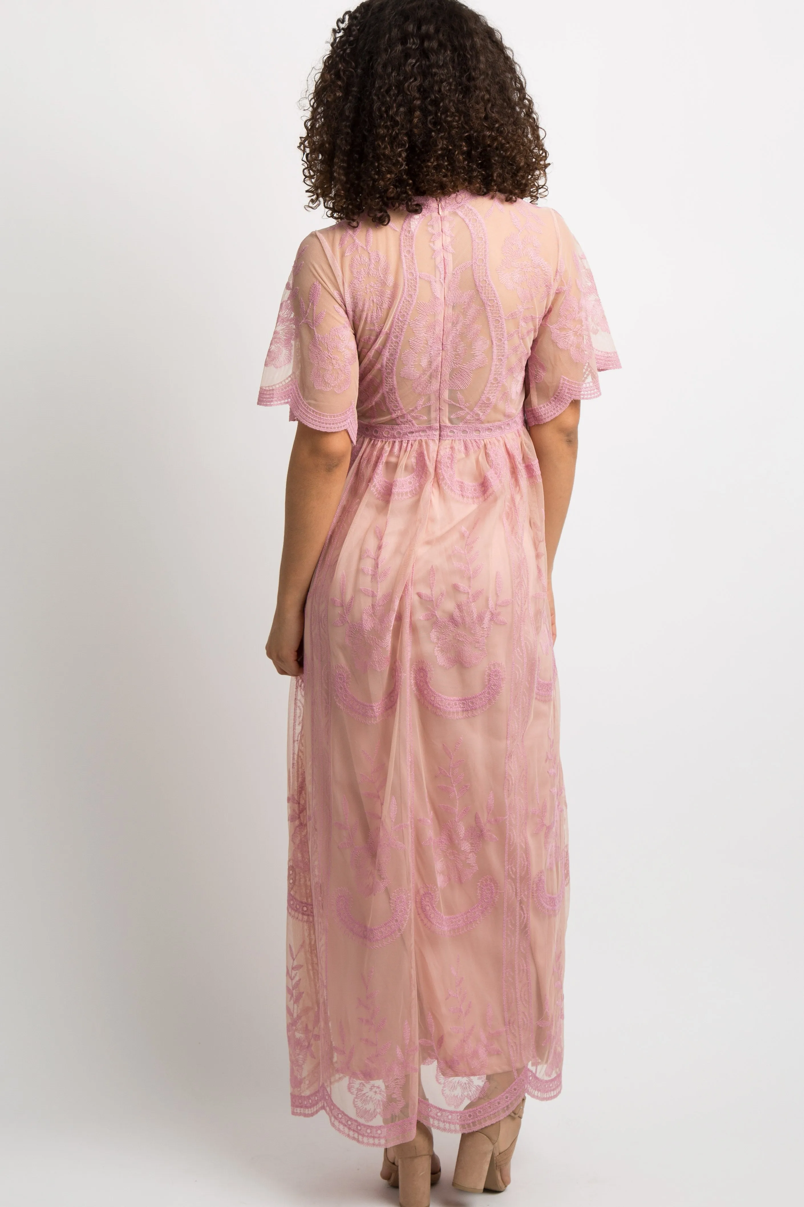 Pink Lace Mesh Overlay Maternity Maxi Dress sold by Pinkblush product image thumbnail 3