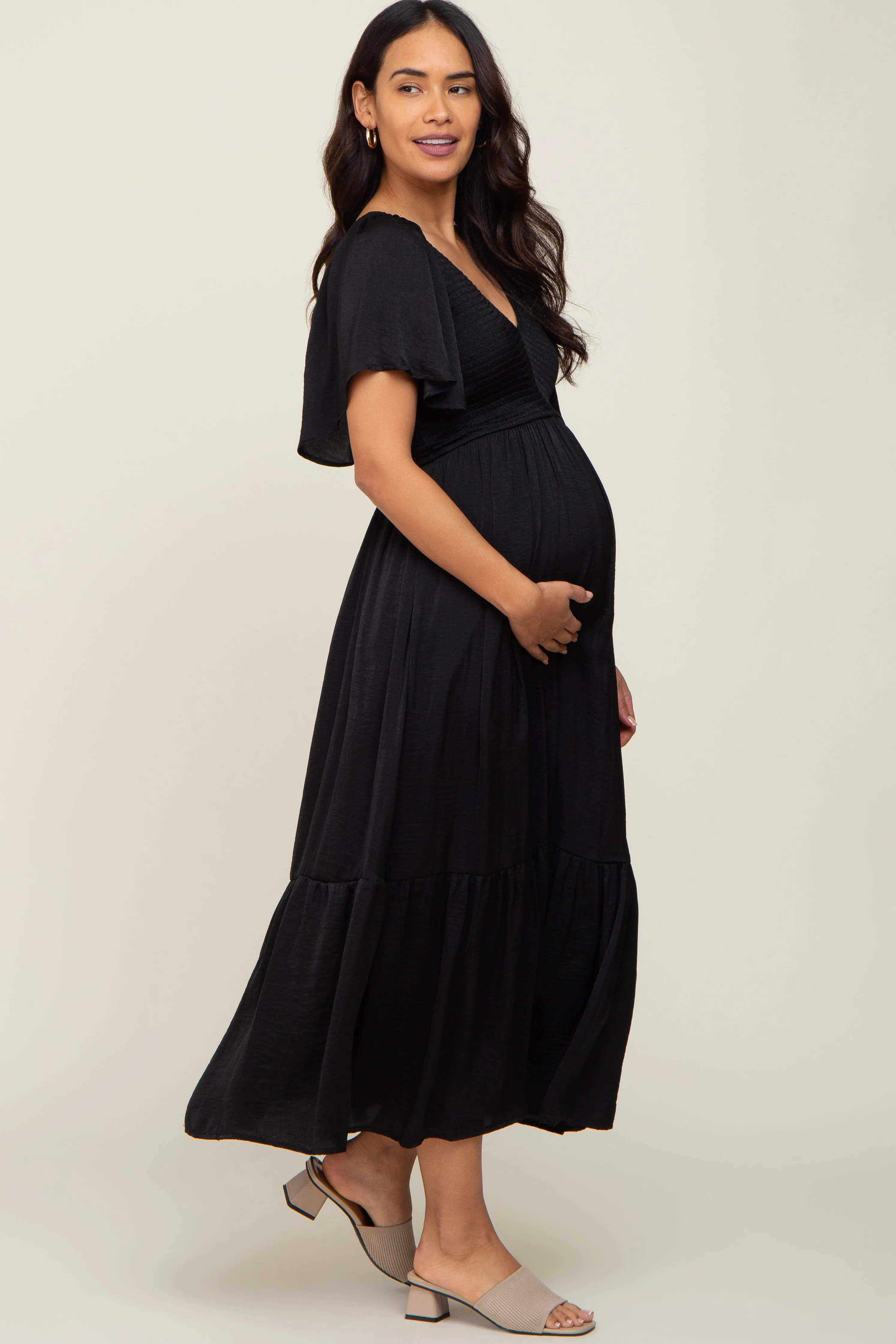 Black Satin Smocked Maternity Midi Dress sold by Pinkblush product image thumbnail 2