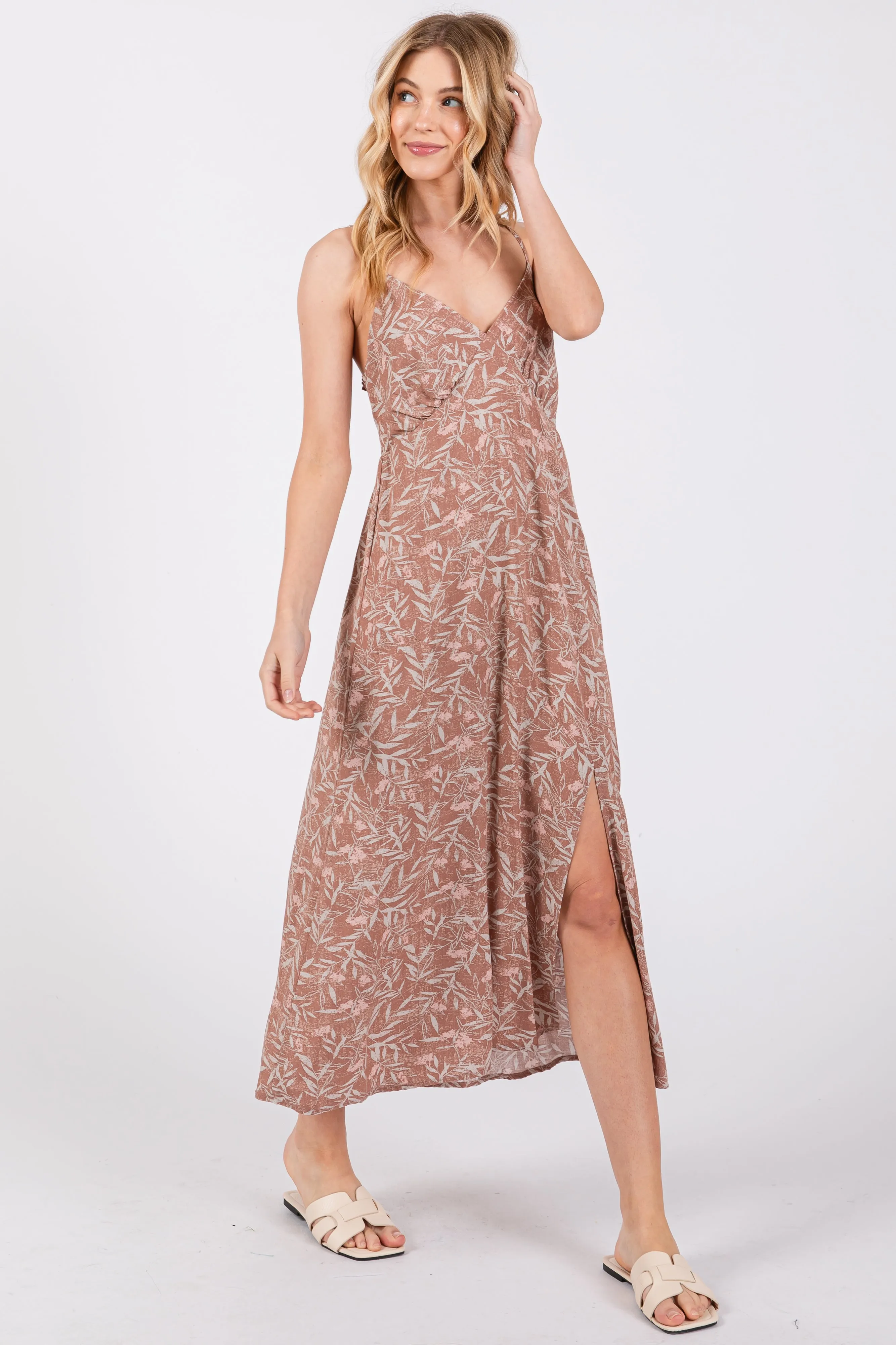 Mocha Floral V-Neck Side Slit Midi Dress sold by Pinkblush product image thumbnail 2