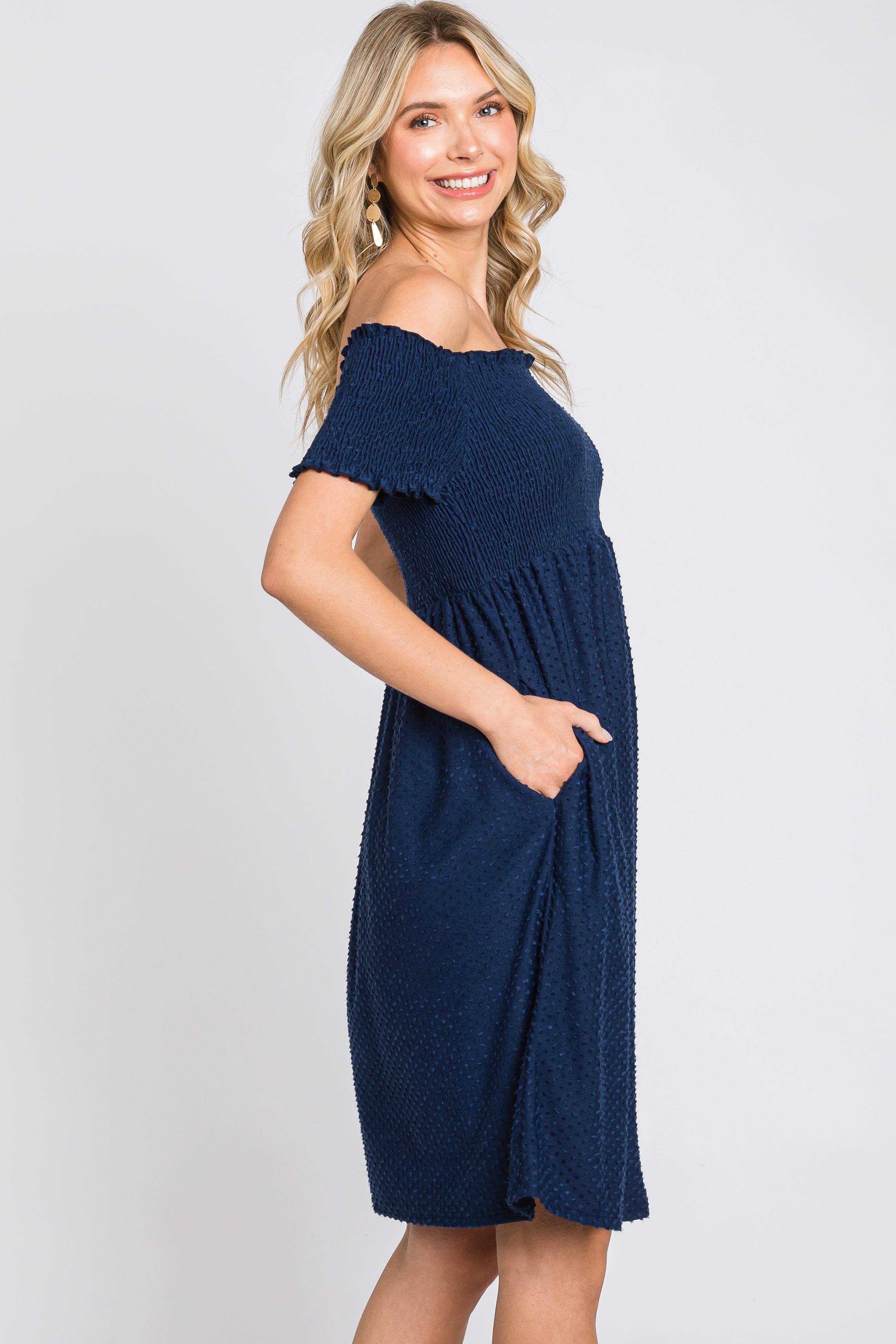 Navy Swiss Dot Off Shoulder Dress sold by Pinkblush product image thumbnail 2