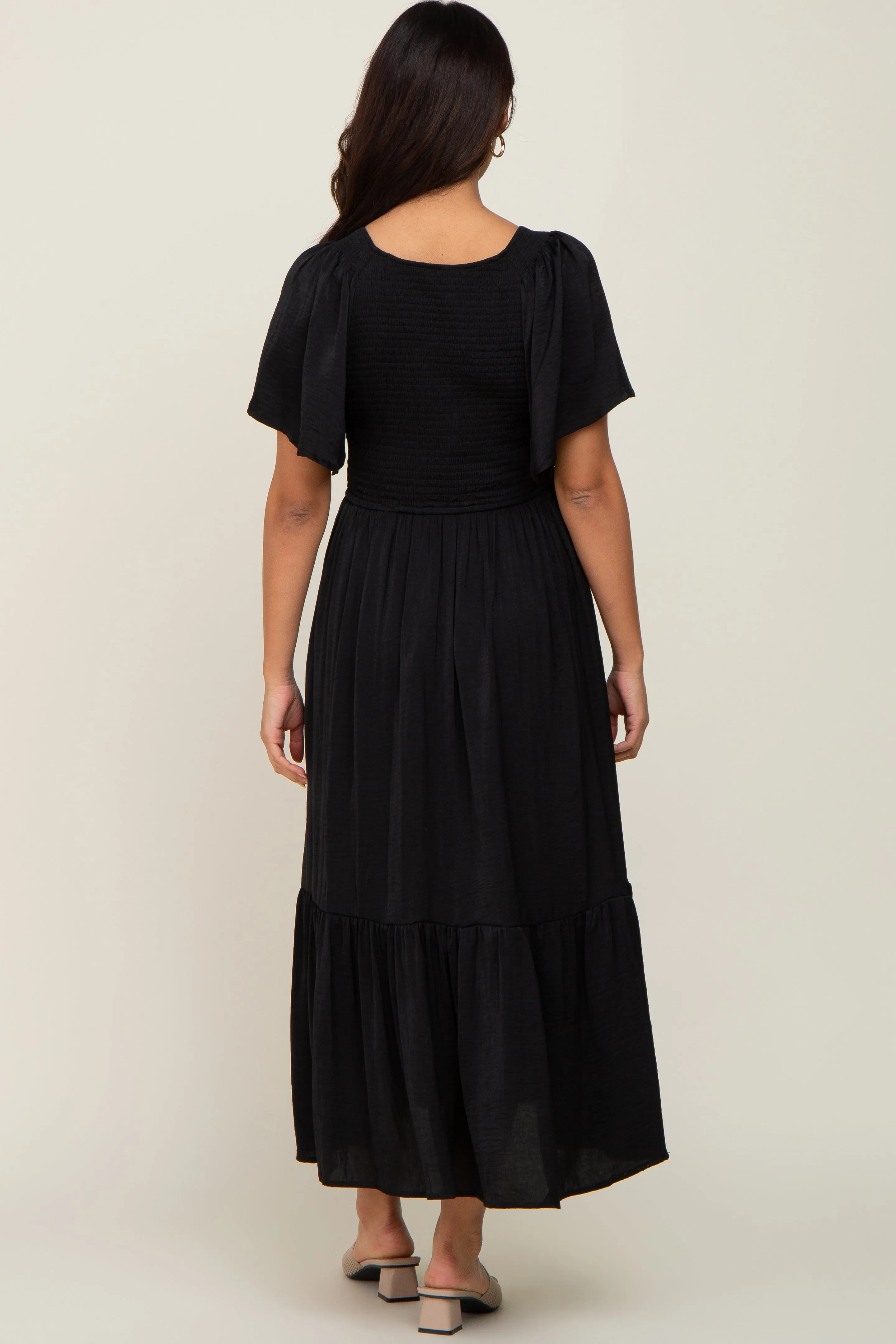 Black Satin Smocked Maternity Midi Dress sold by Pinkblush product image thumbnail 3