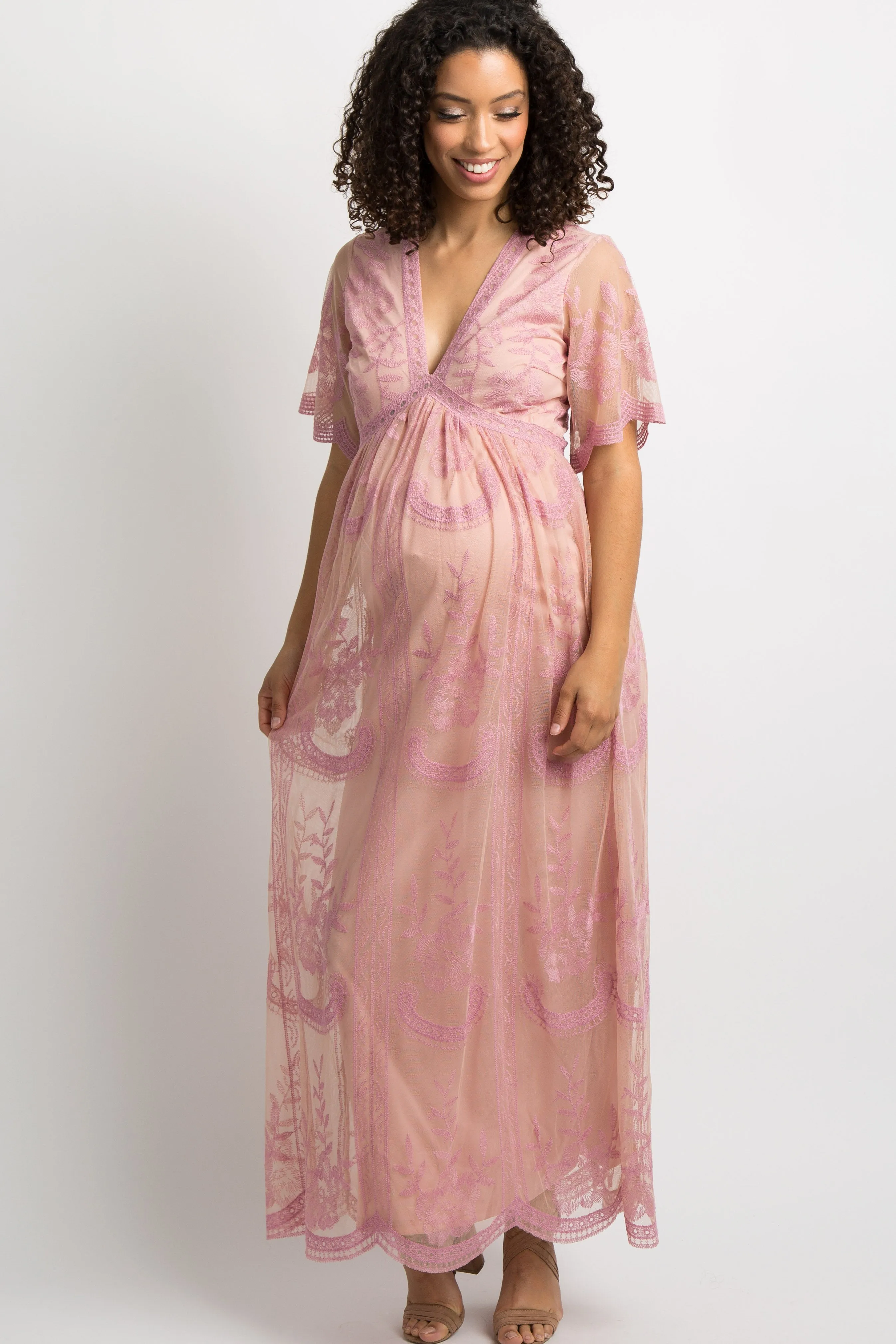 Pink Lace Mesh Overlay Maternity Maxi Dress sold by Pinkblush