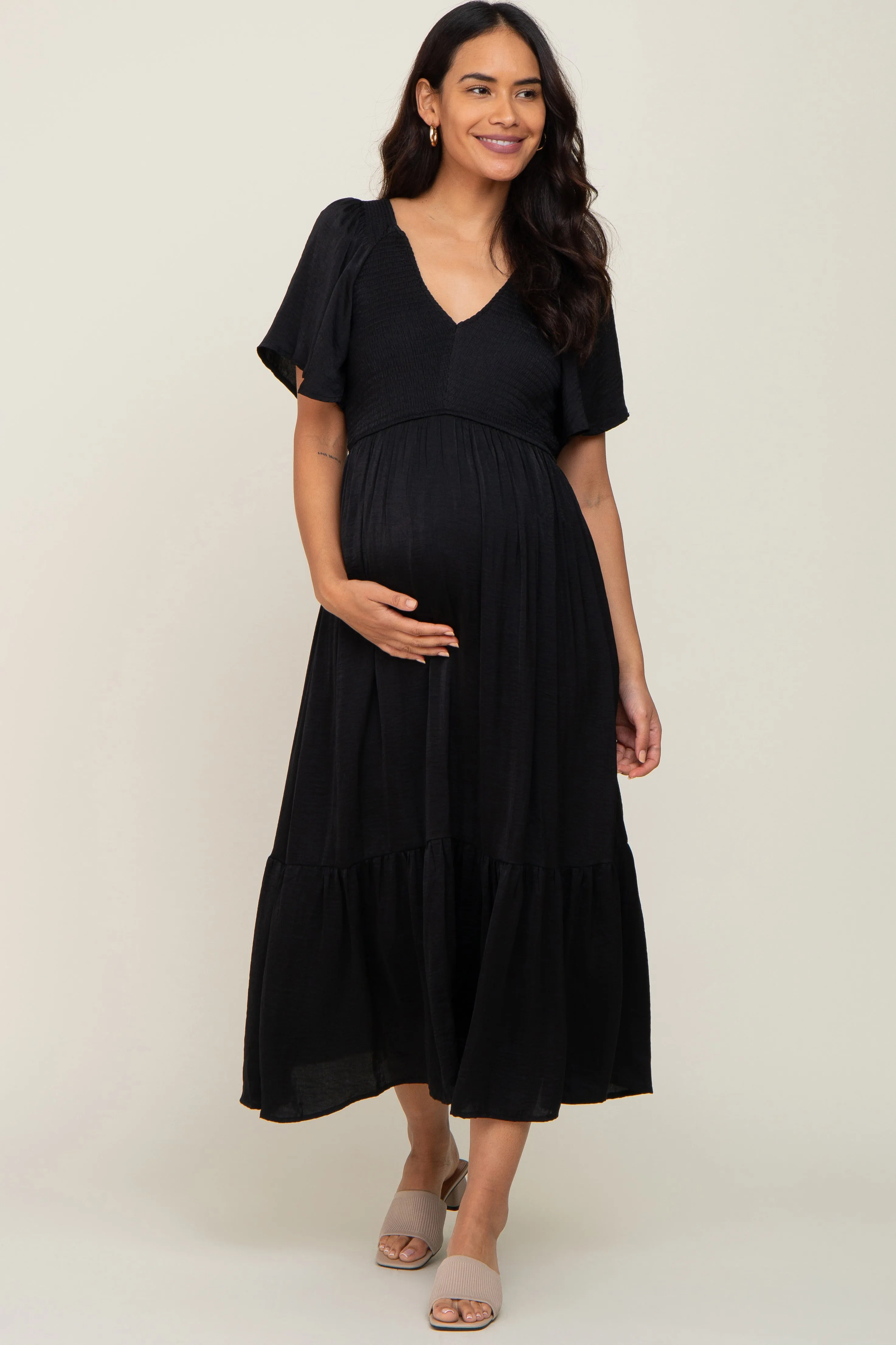 Black Satin Smocked Maternity Midi Dress sold by Pinkblush