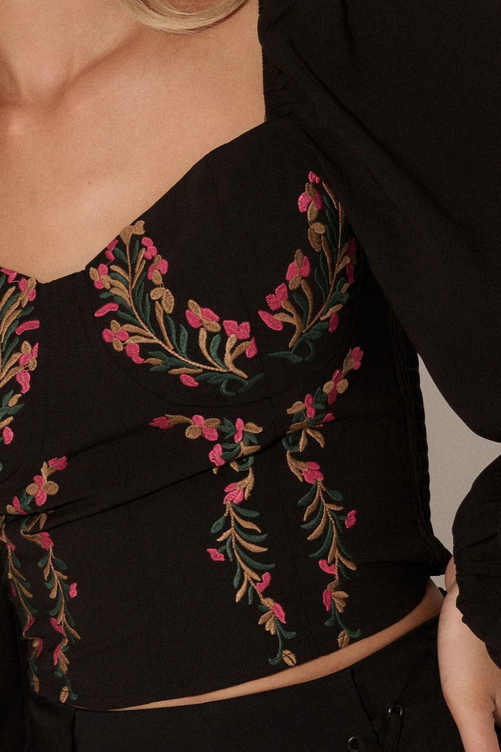 Black Floral Embroidered Sweetheart Neck Woven Top sold by Pinkblush product image thumbnail 5