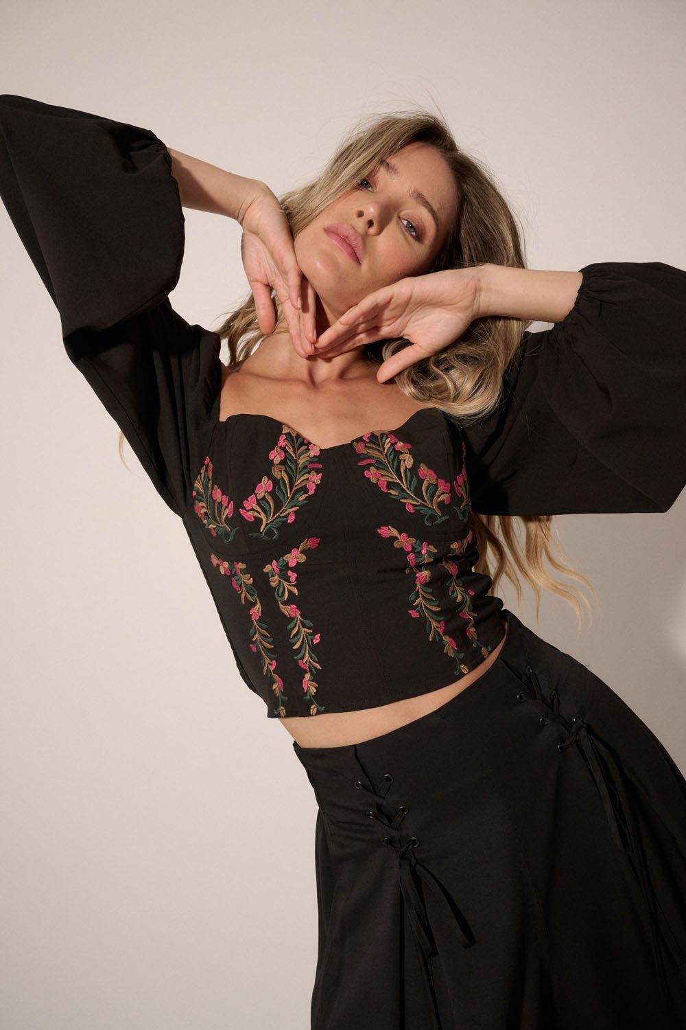 Black Floral Embroidered Sweetheart Neck Woven Top sold by Pinkblush product image thumbnail 2