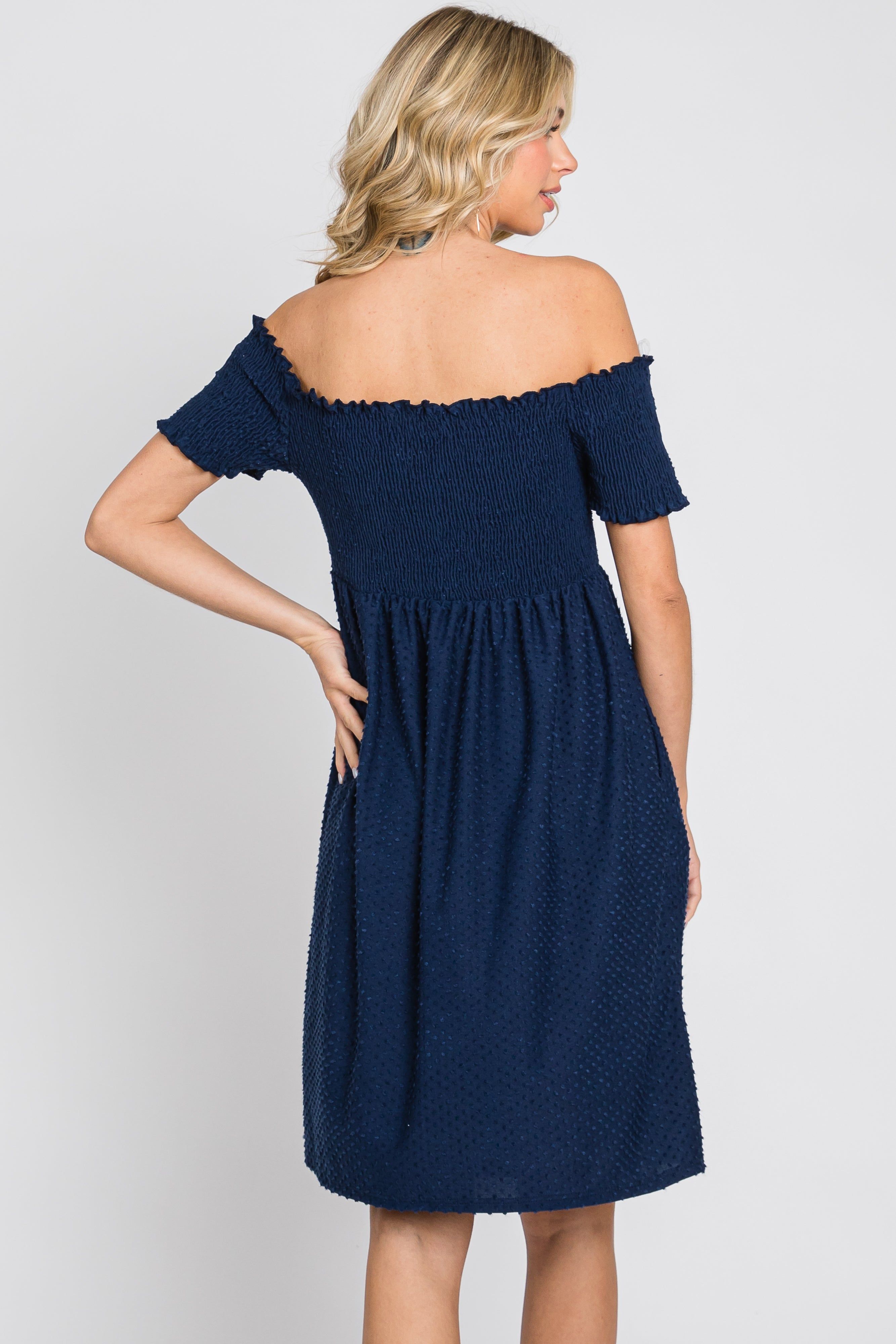 Navy Swiss Dot Off Shoulder Dress sold by Pinkblush product image thumbnail 3