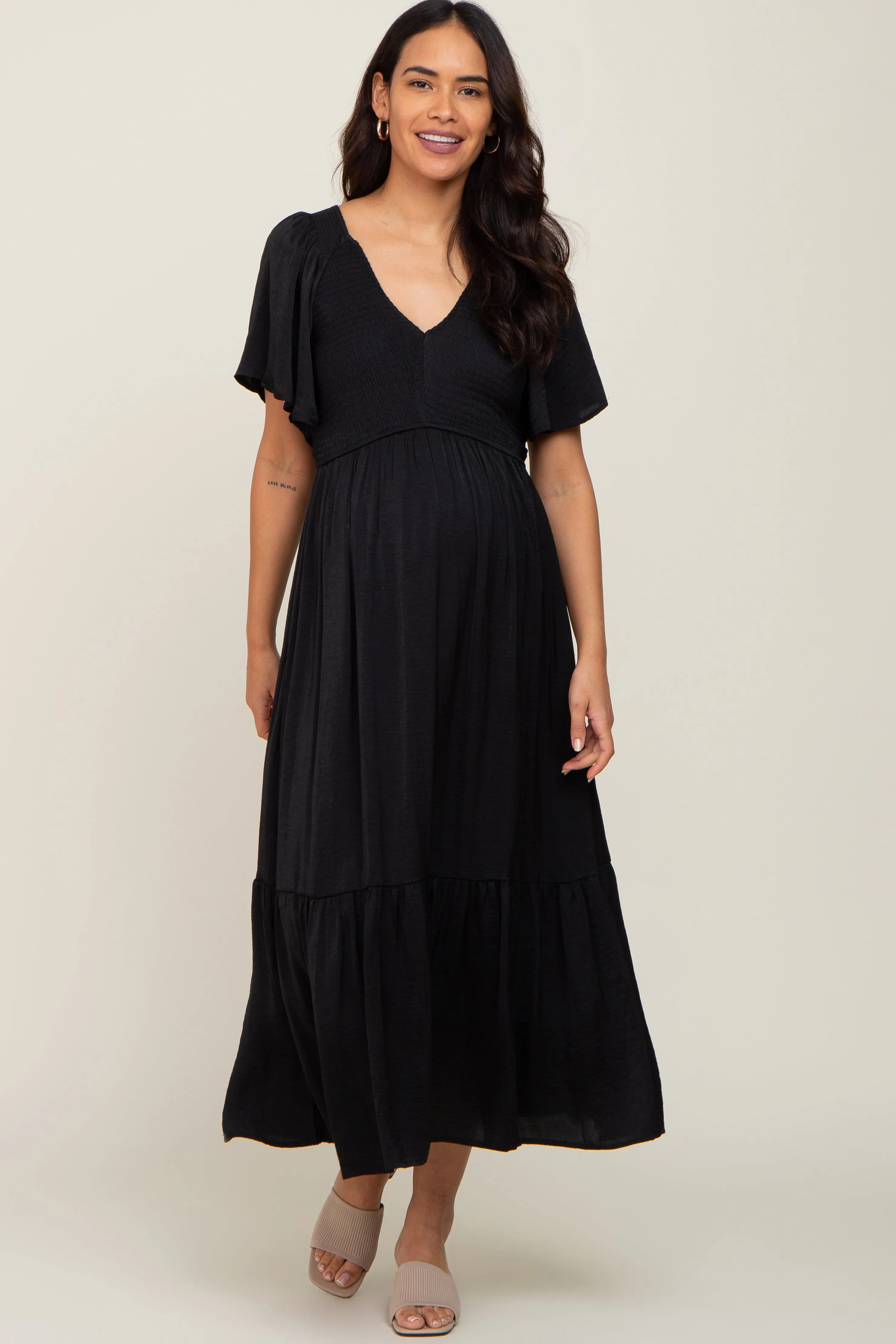 Black Satin Smocked Maternity Midi Dress sold by Pinkblush product image thumbnail 4