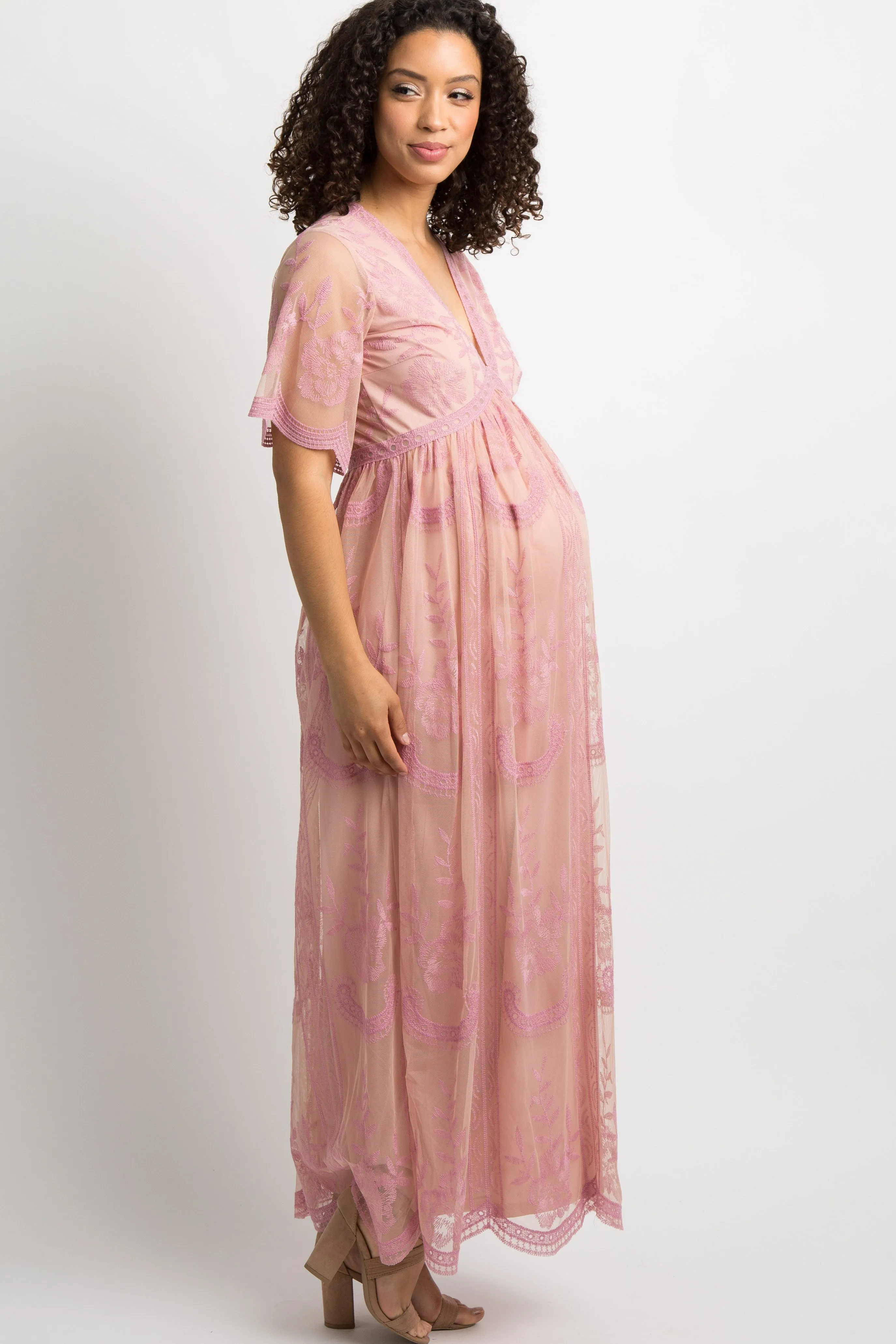 Pink Lace Mesh Overlay Maternity Maxi Dress sold by Pinkblush product image thumbnail 2