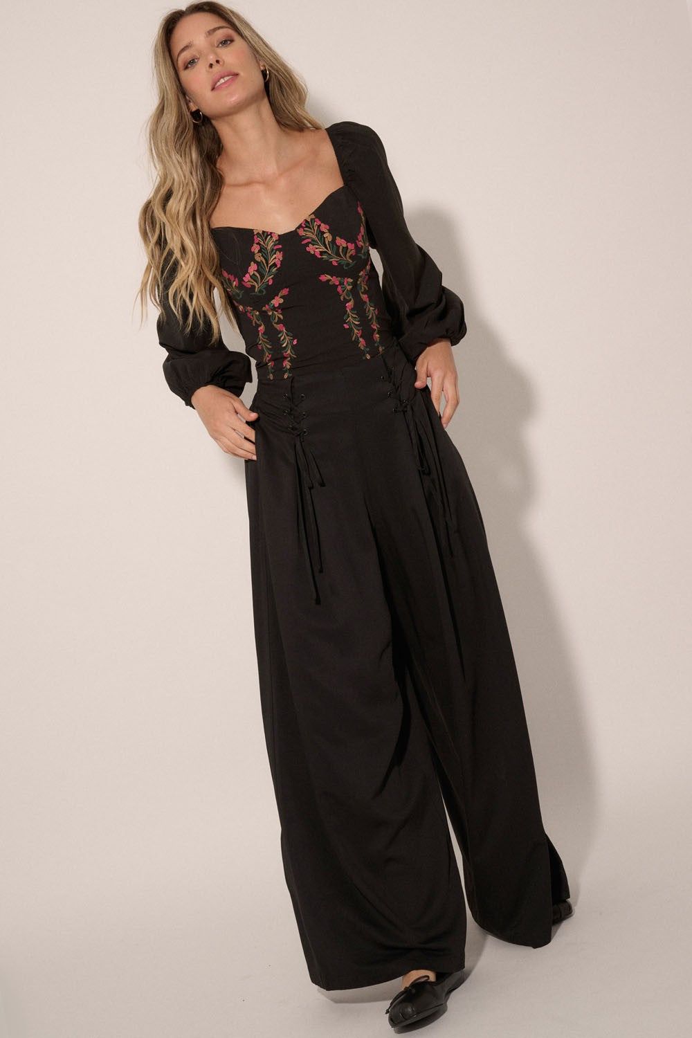 Black Floral Embroidered Sweetheart Neck Woven Top sold by Pinkblush product image thumbnail 3