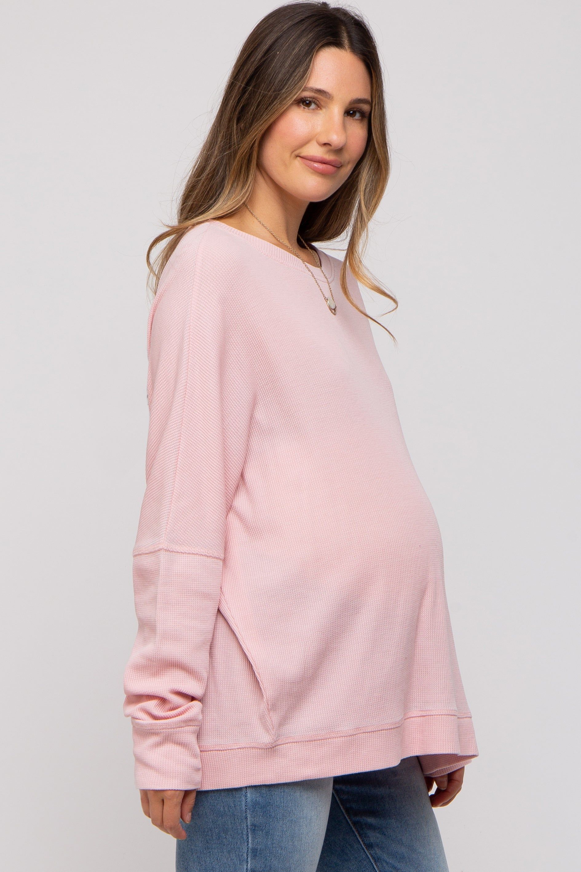 Light Pink Waffle Knit Long Sleeve Maternity Top sold by Pinkblush product image thumbnail 3