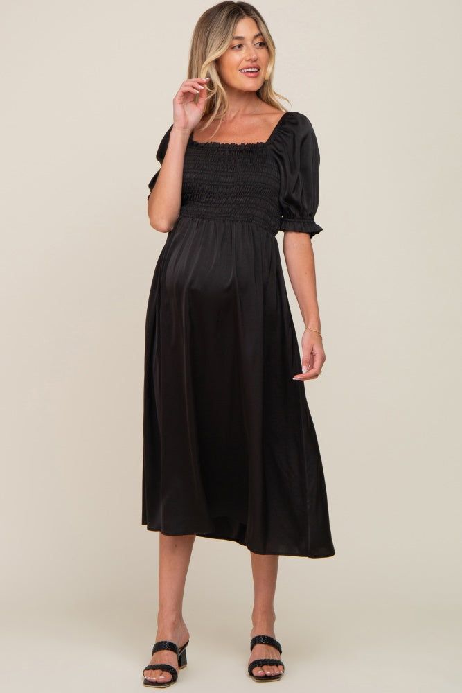 Black Satin Puff Sleeve Maternity Midi Dress sold by Pinkblush product image thumbnail 4
