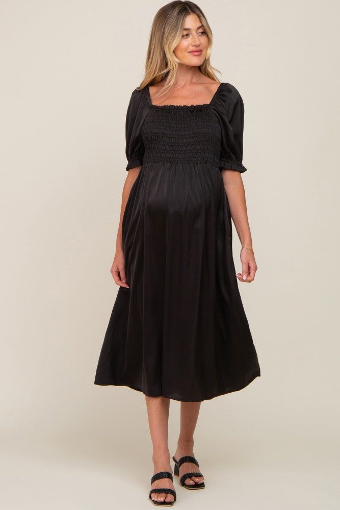 Black Satin Puff Sleeve Maternity Midi Dress sold by Pinkblush
