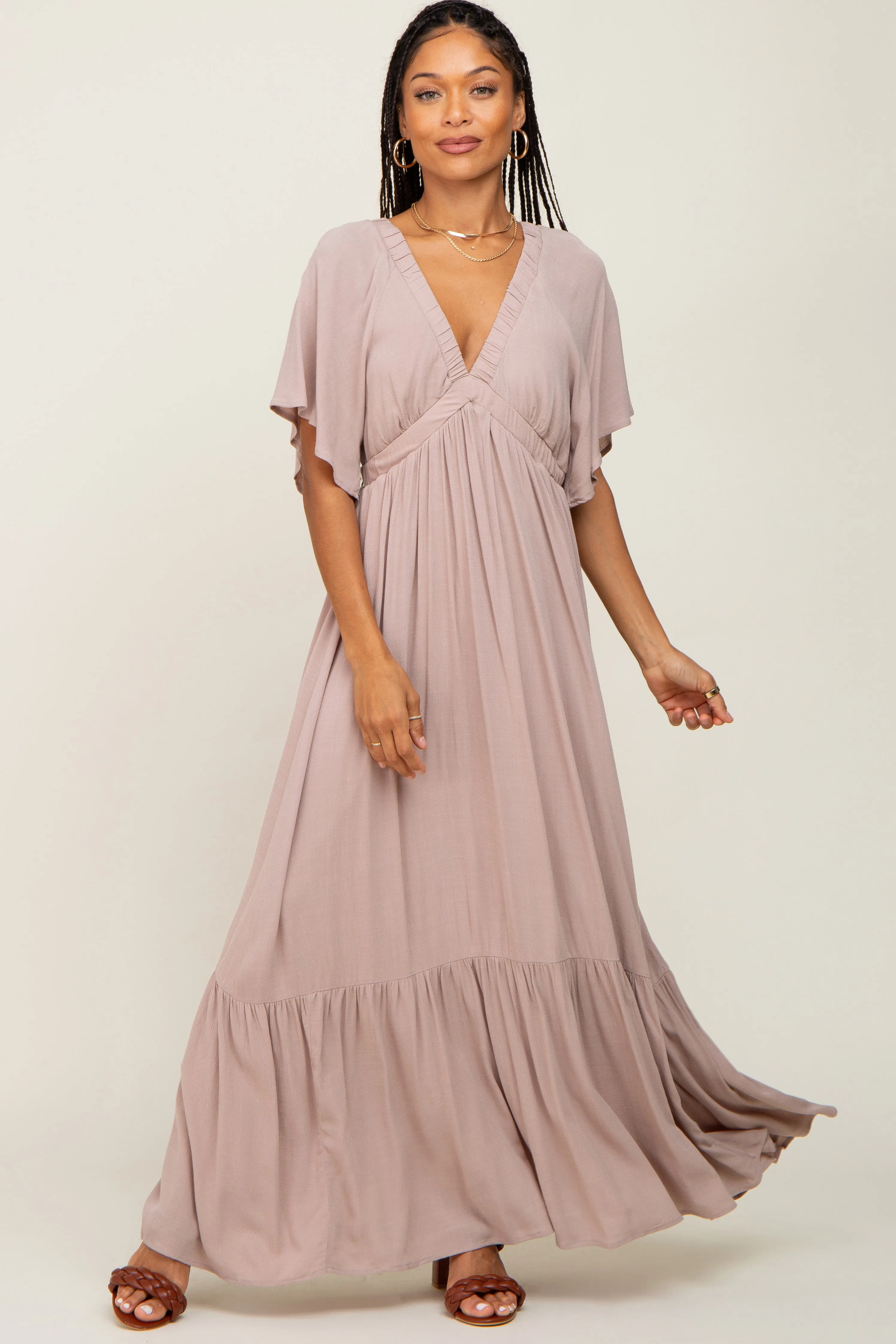 Taupe V-Neck Flounce Sleeve Maternity Maxi Dress sold by Pinkblush product image thumbnail 5