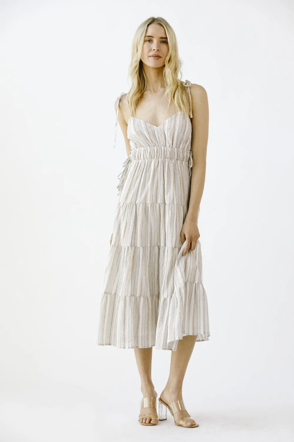 White Multi Stripe Multi Color Midi Dress sold by Pinkblush