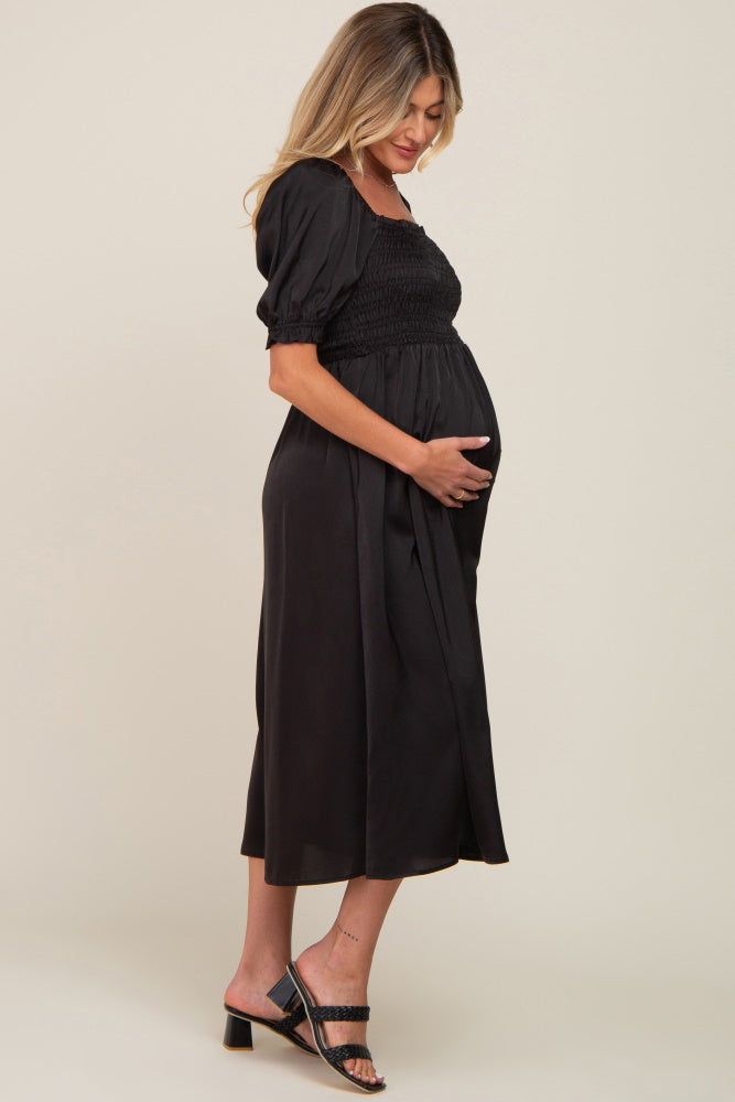 Black Satin Puff Sleeve Maternity Midi Dress sold by Pinkblush product image thumbnail 2
