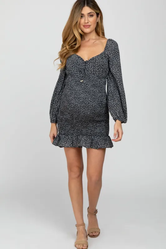Black Floral Sweetheart Neck Smocked Maternity Dress sold by Pinkblush