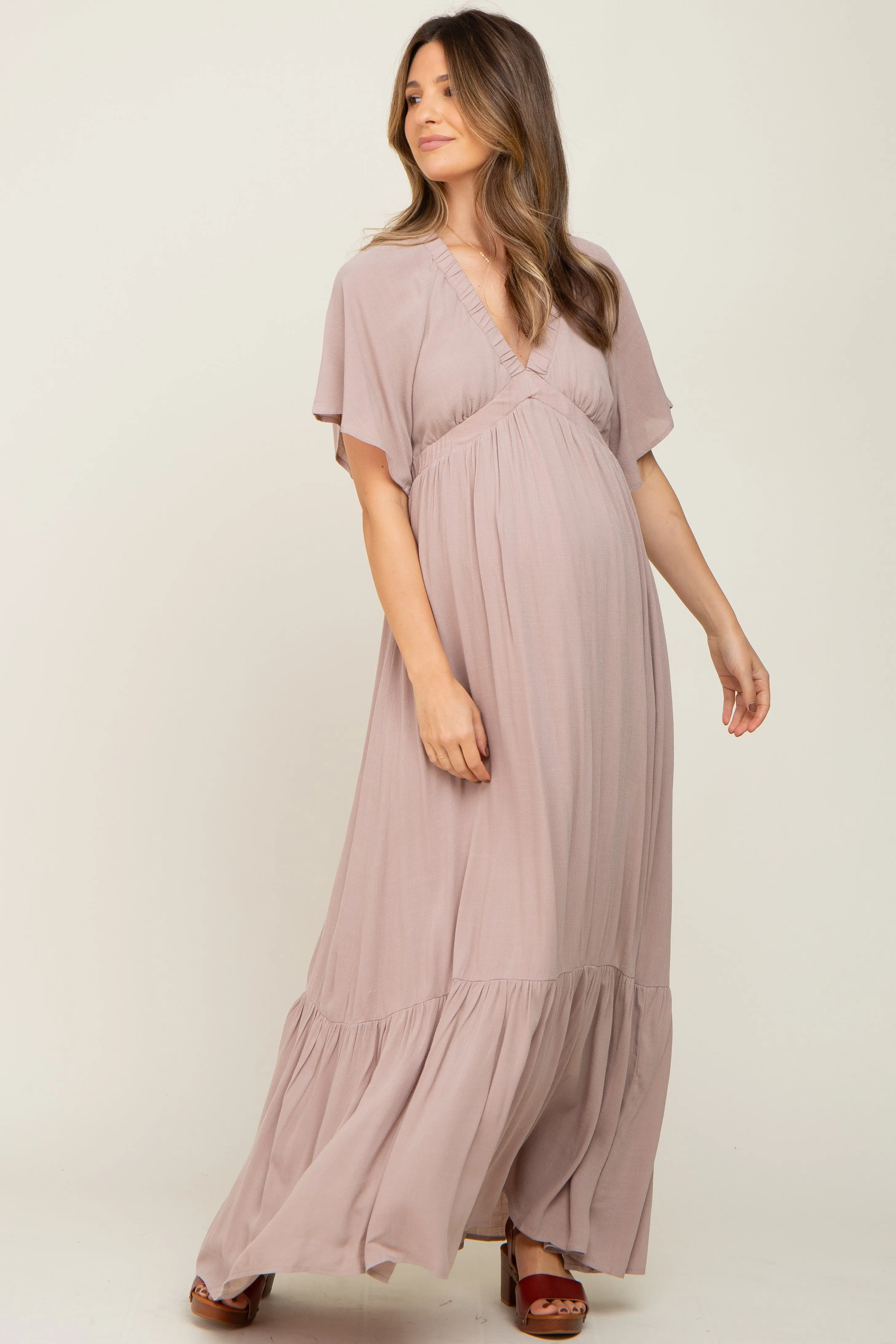 Taupe V-Neck Flounce Sleeve Maternity Maxi Dress sold by Pinkblush