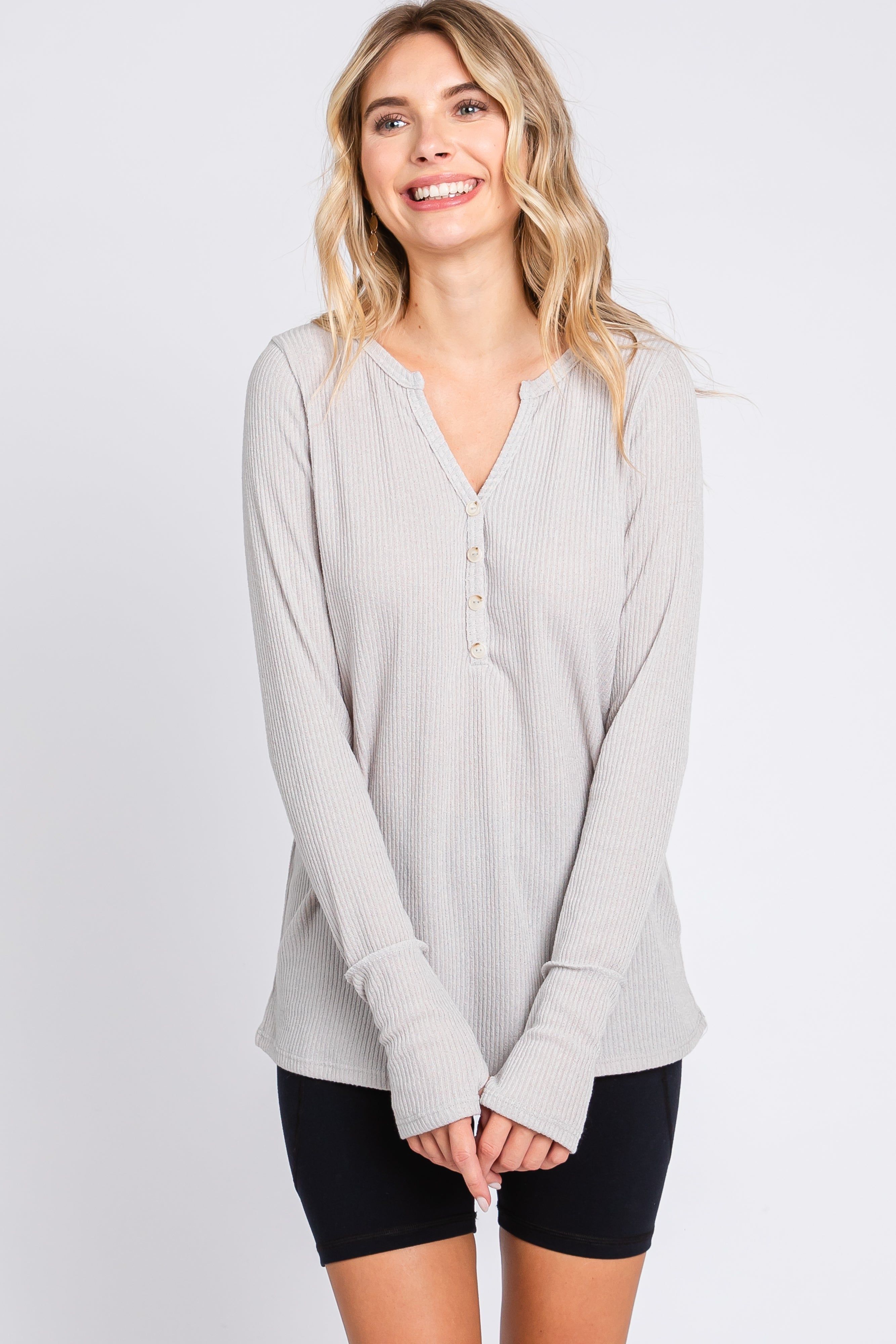 Taupe Rib Knit Button Accent Long Sleeve Top sold by Pinkblush