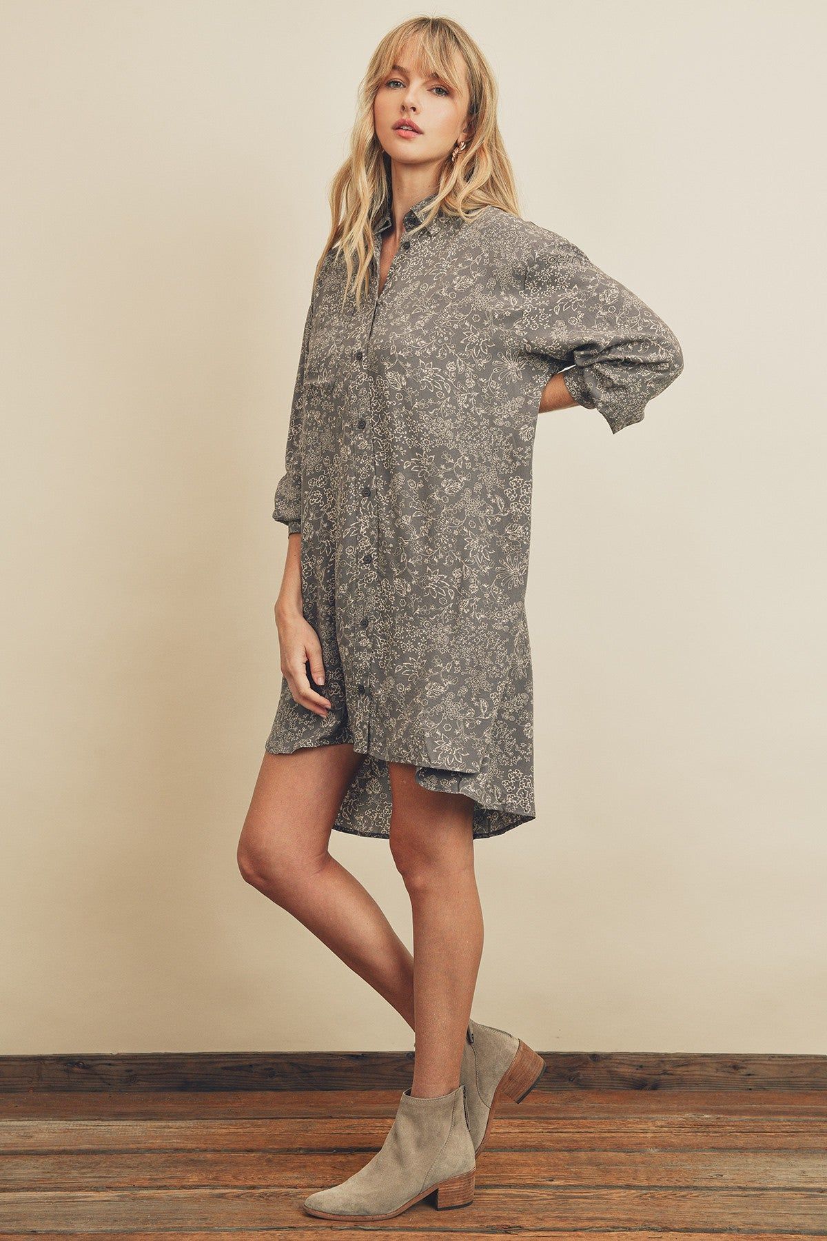 Grey Floral Button Up Long Sleeve Dress sold by Pinkblush product image thumbnail 3