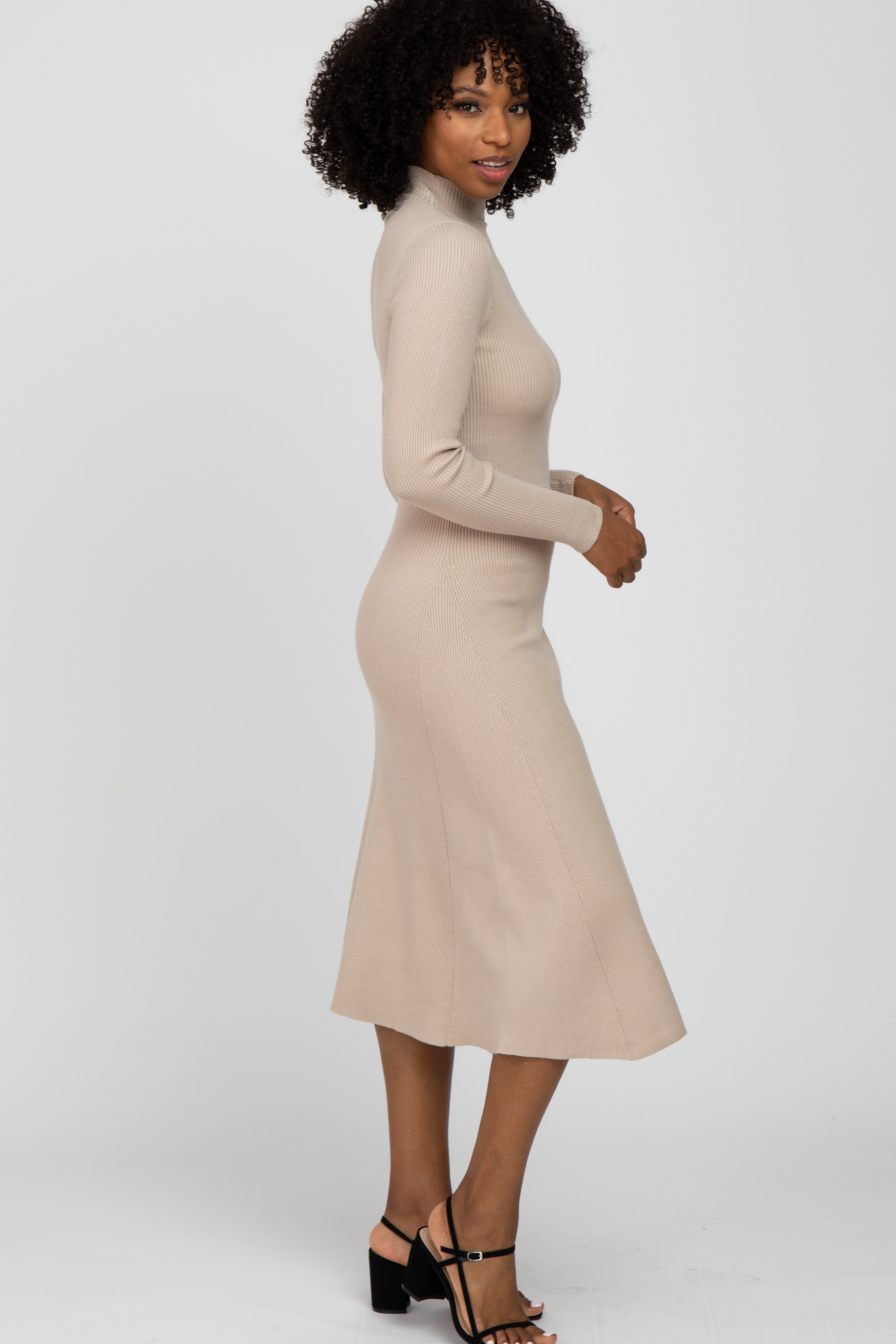 Beige Mock Neck Flared Midi Dress sold by Pinkblush product image thumbnail 2