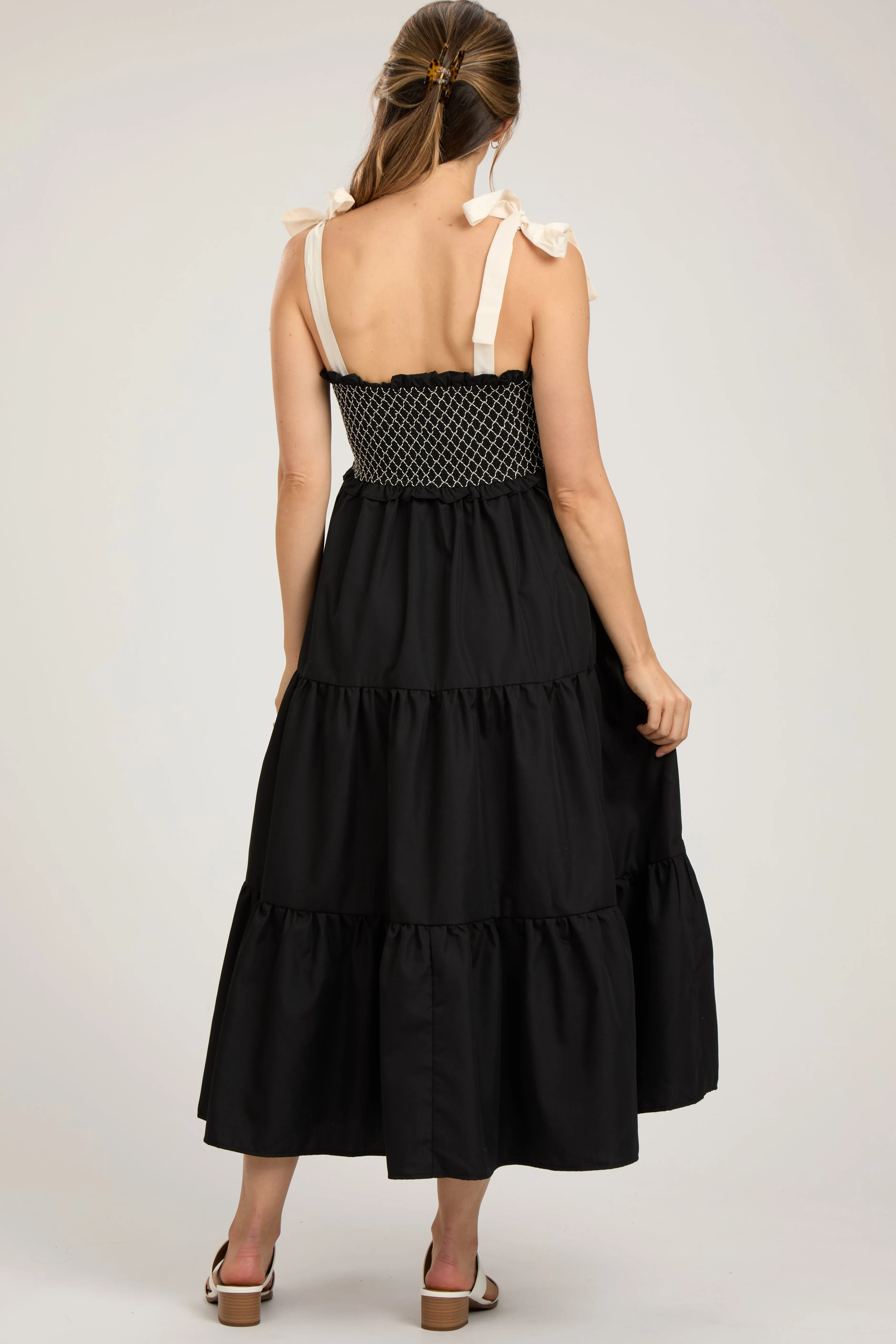 Black Sleeveless Tiered Colorblock Strap Maternity Maxi Dress sold by Pinkblush product image thumbnail 3