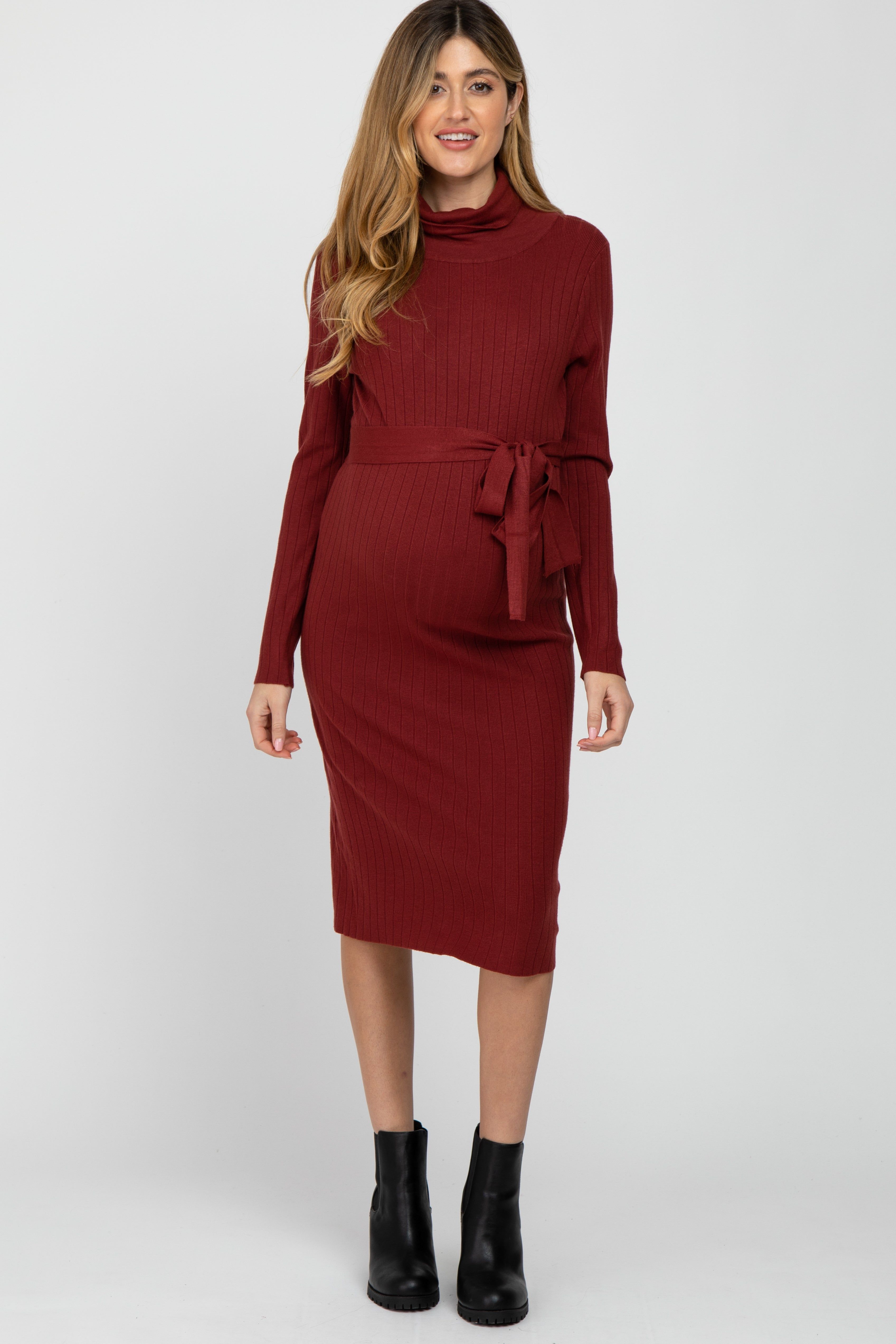 Burgundy Ribbed Turtleneck Maternity Sweater Dress sold by Pinkblush