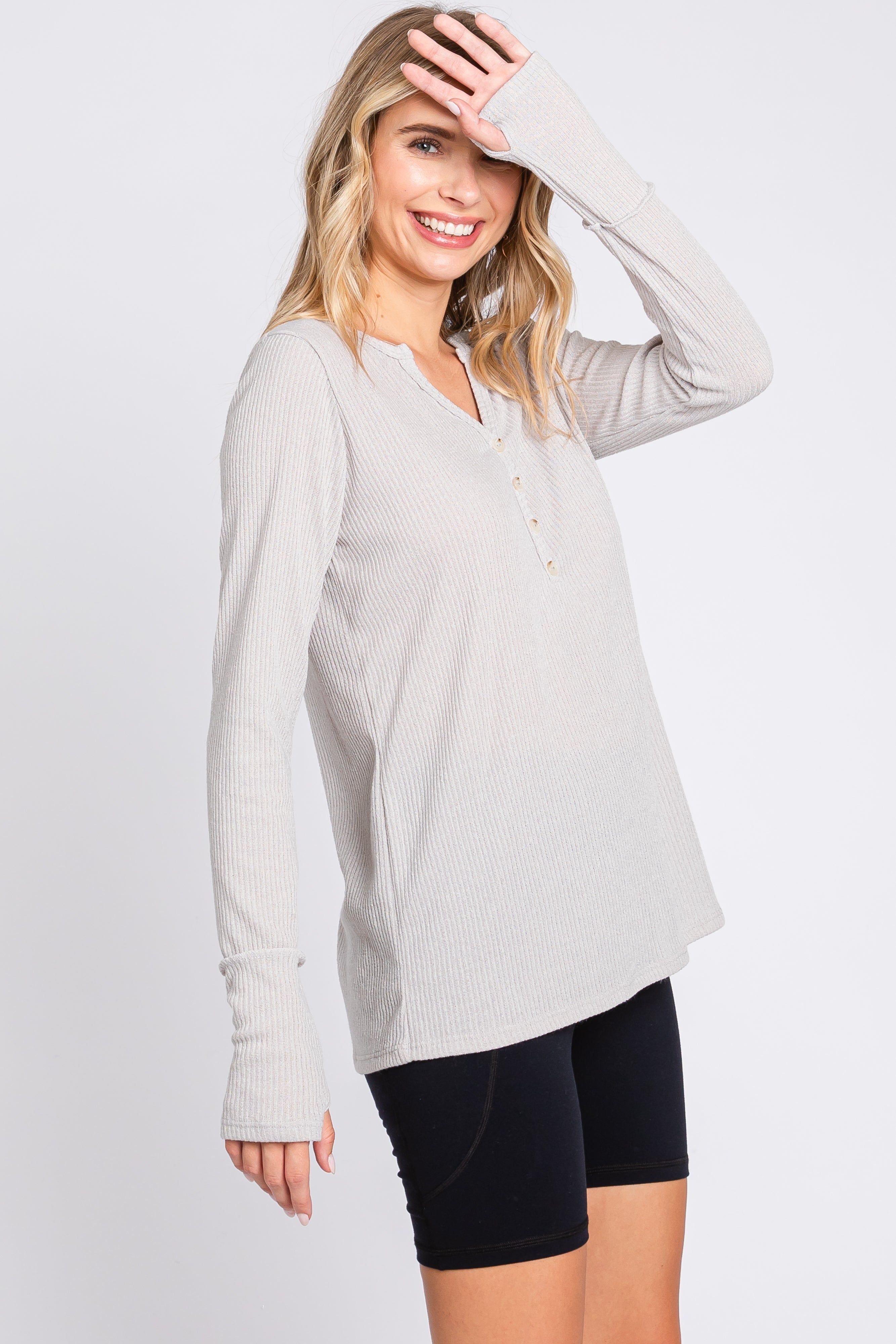 Taupe Rib Knit Button Accent Long Sleeve Top sold by Pinkblush product image thumbnail 2