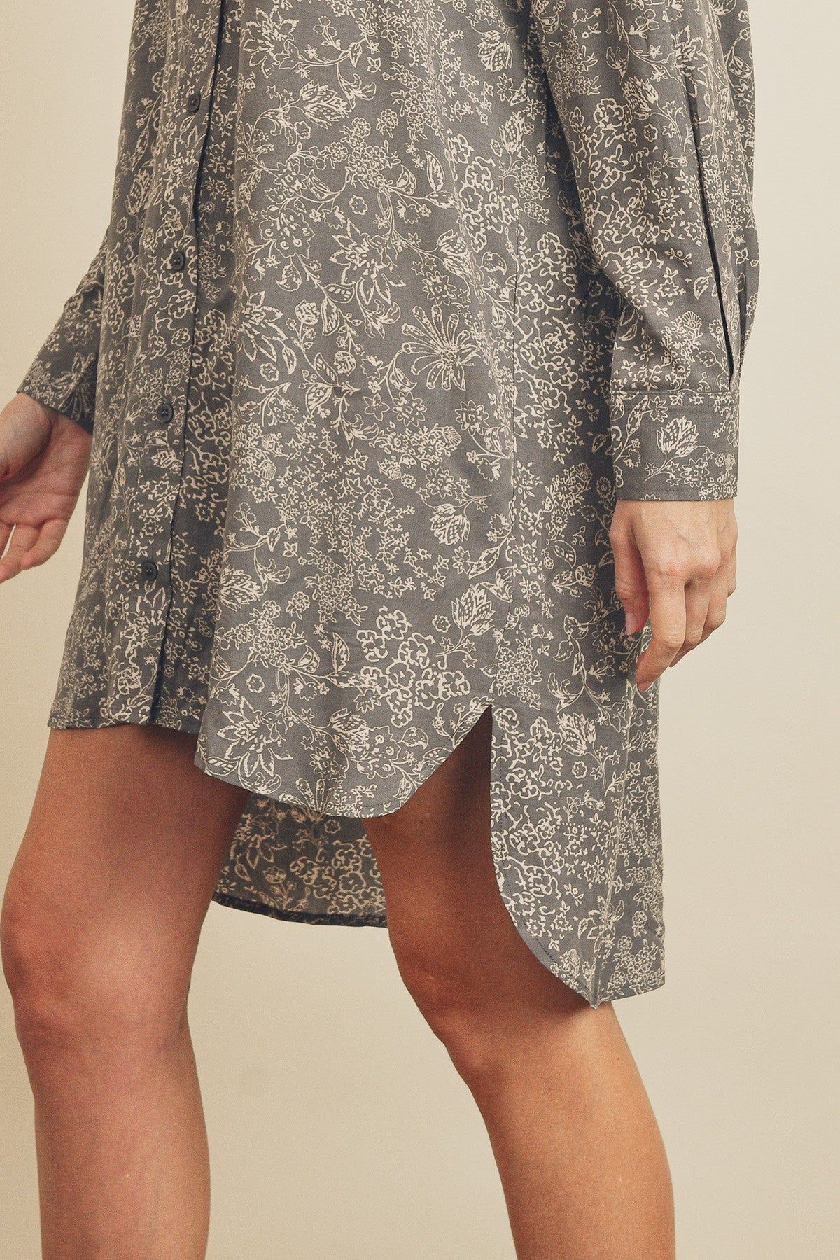 Grey Floral Button Up Long Sleeve Dress sold by Pinkblush product image thumbnail 4