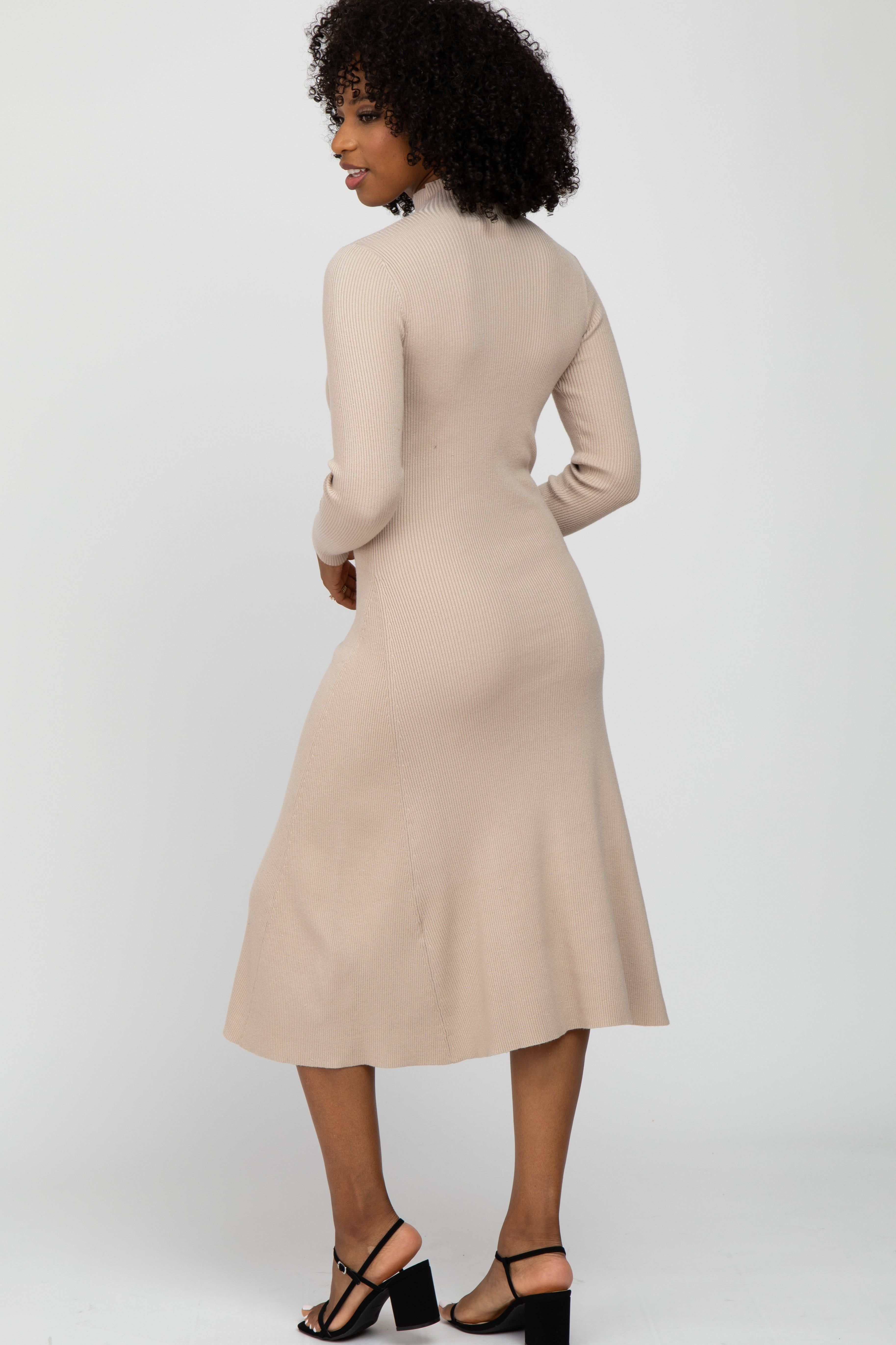 Beige Mock Neck Flared Midi Dress sold by Pinkblush product image thumbnail 3