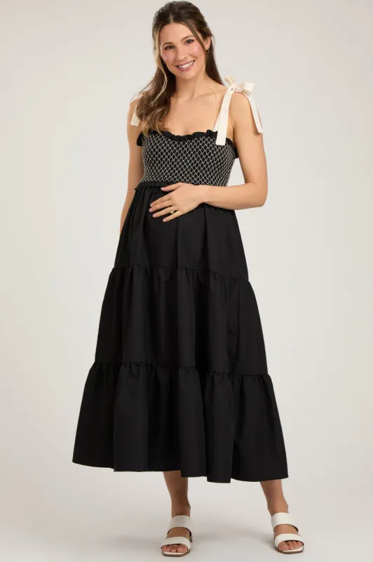 Black Sleeveless Tiered Colorblock Strap Maternity Maxi Dress sold by Pinkblush