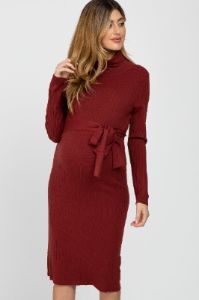 Burgundy Ribbed Turtleneck Maternity Sweater Dress sold by Pinkblush