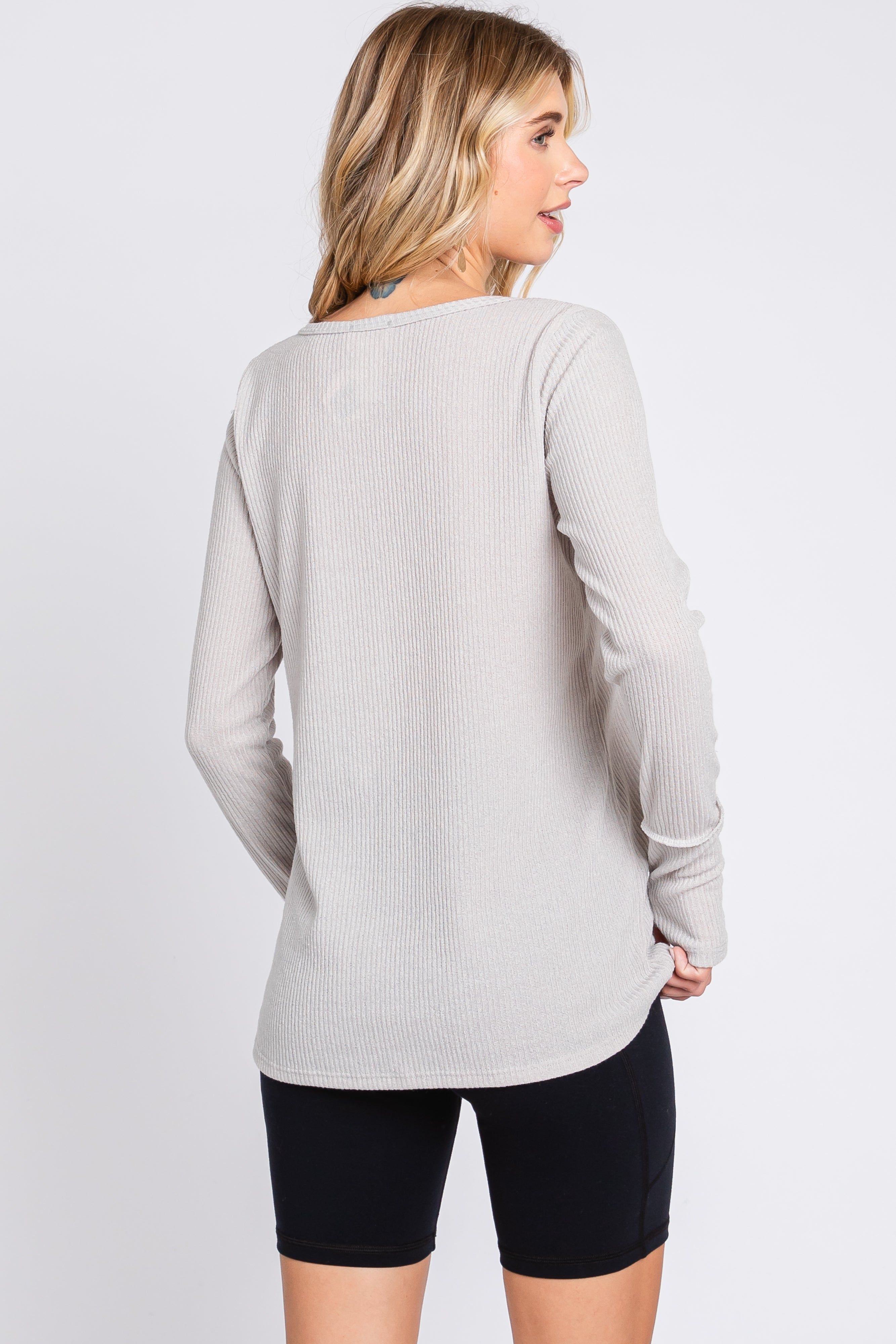 Taupe Rib Knit Button Accent Long Sleeve Top sold by Pinkblush product image thumbnail 3