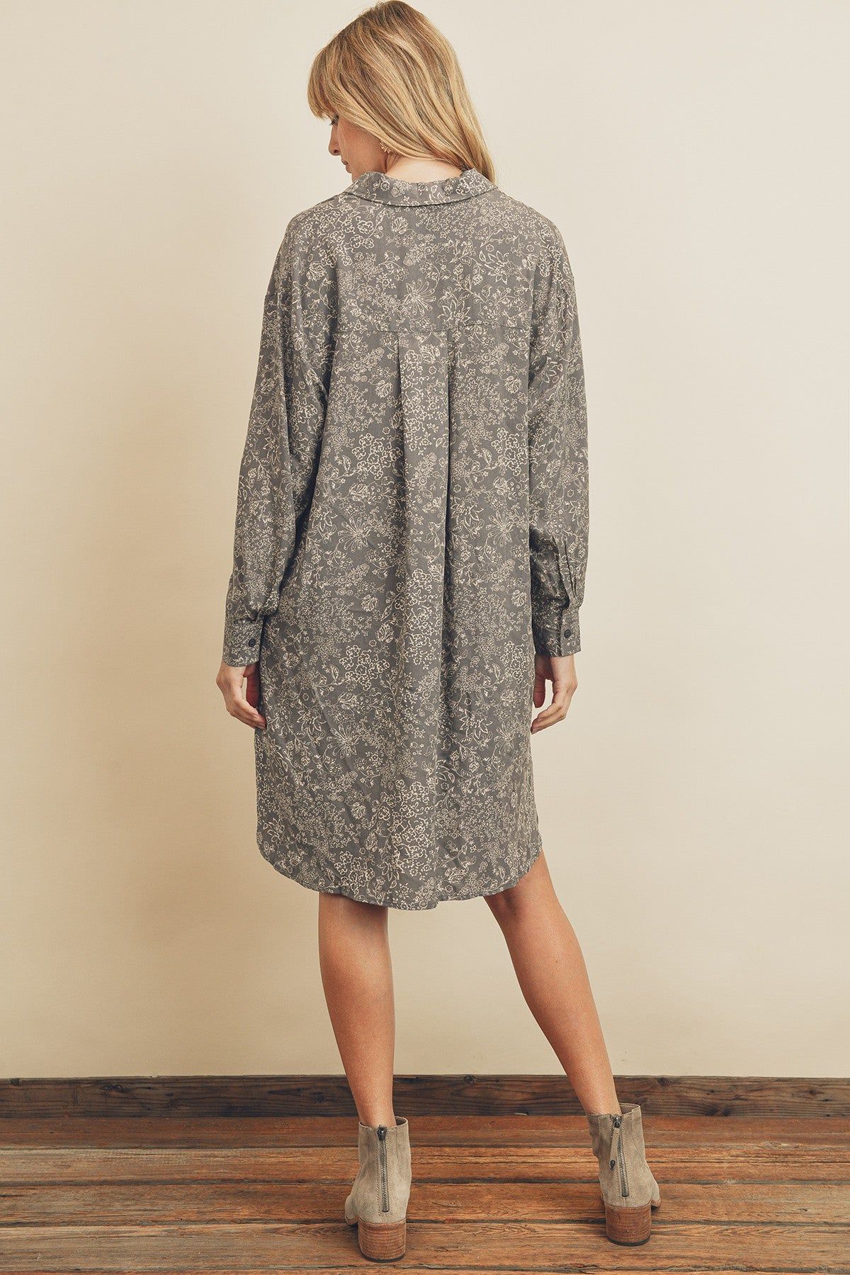Grey Floral Button Up Long Sleeve Dress sold by Pinkblush product image thumbnail 2