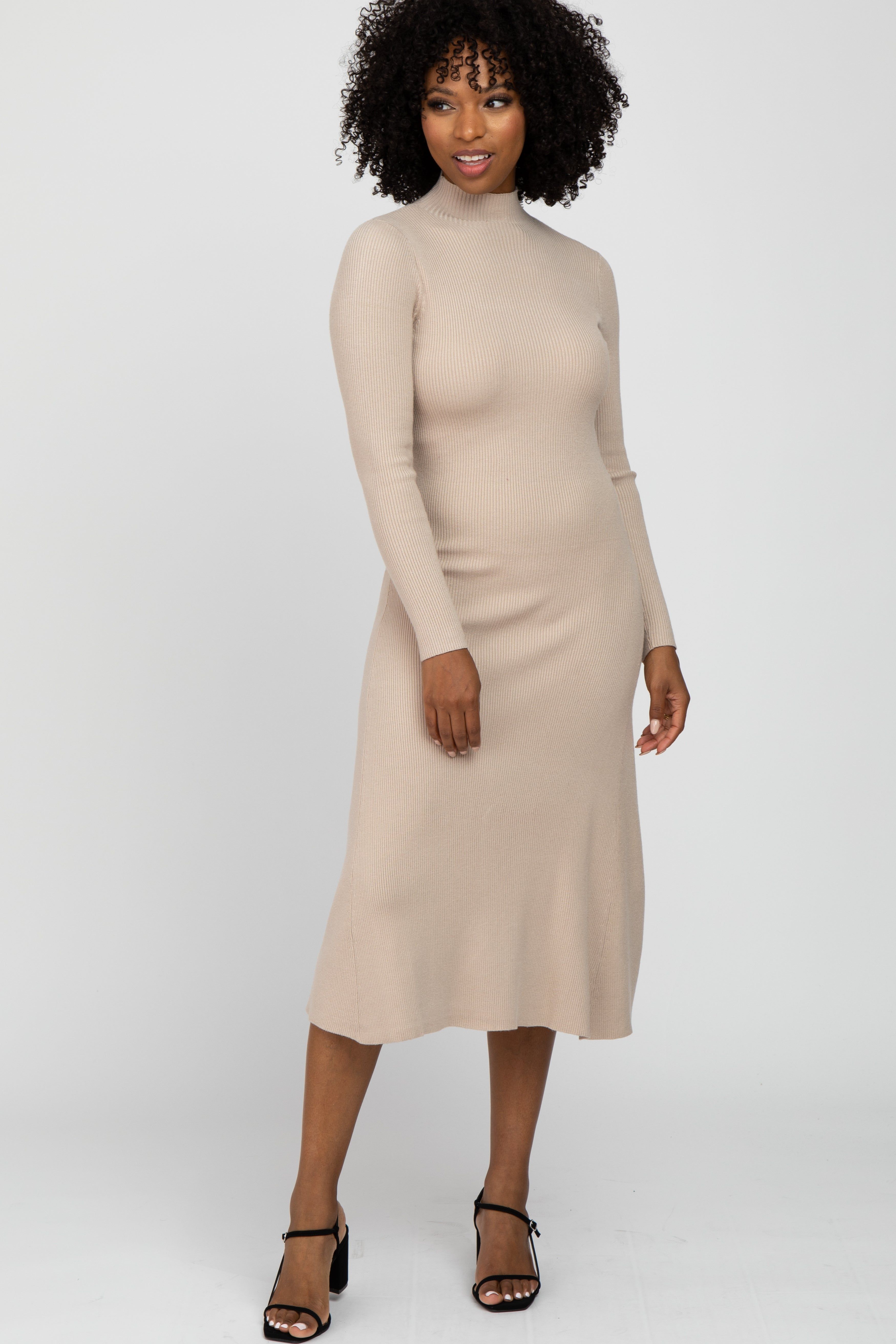 Beige Mock Neck Flared Midi Dress sold by Pinkblush