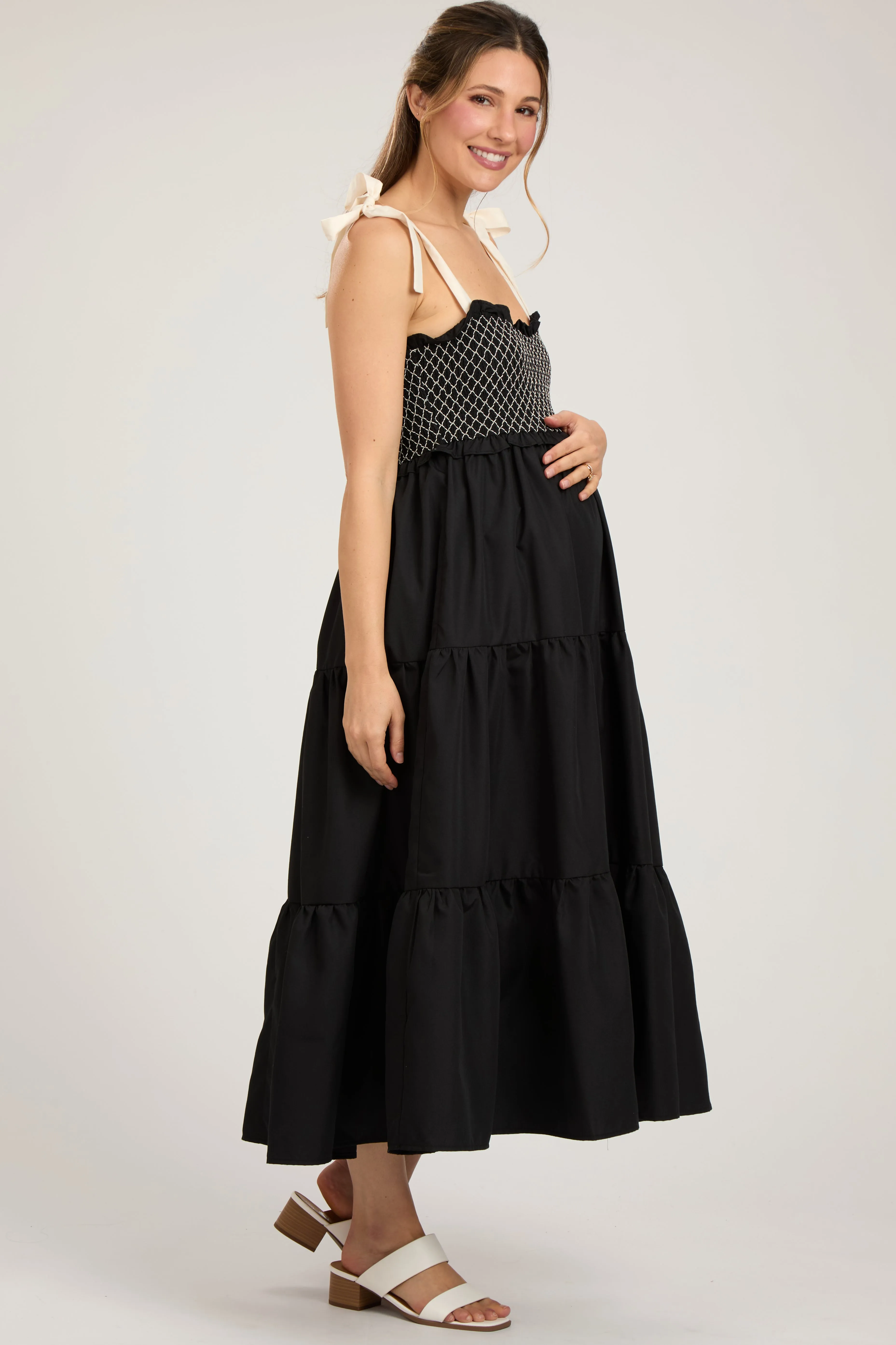 Black Sleeveless Tiered Colorblock Strap Maternity Maxi Dress sold by Pinkblush product image thumbnail 2