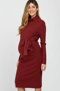 Burgundy Ribbed Turtleneck Maternity Sweater Dress sold by Pinkblush