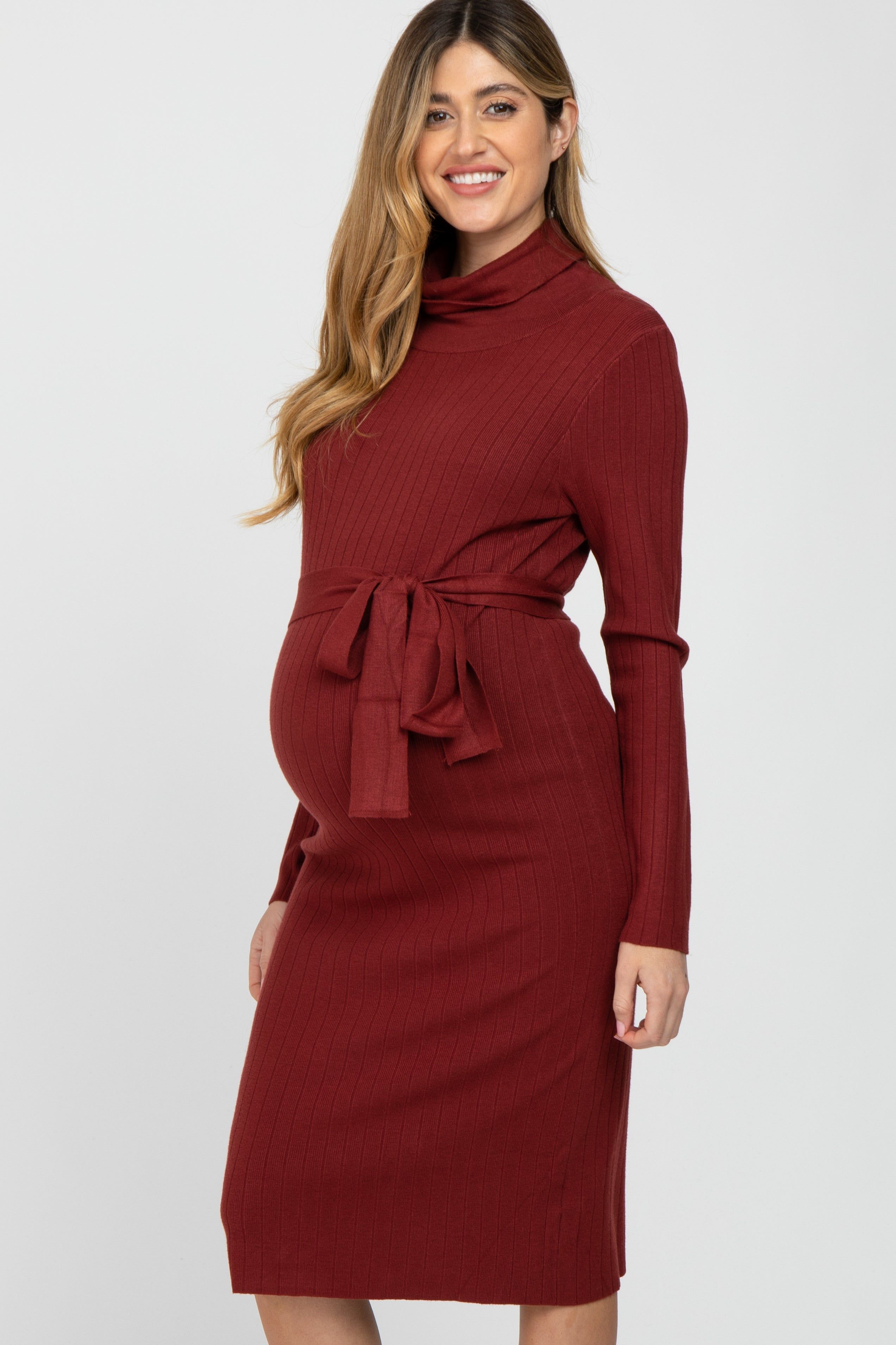Burgundy Ribbed Turtleneck Maternity Sweater Dress sold by Pinkblush product image thumbnail 3