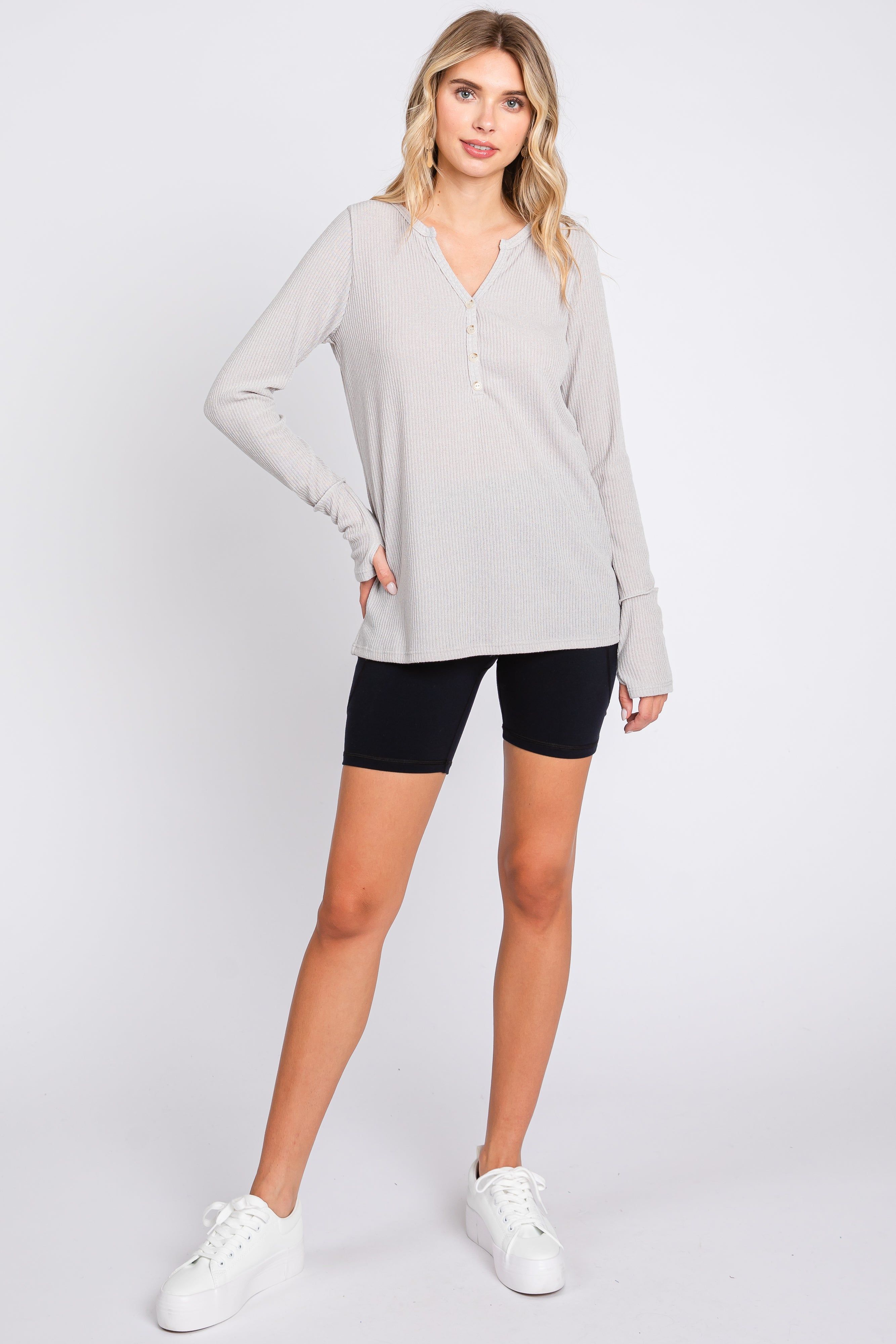 Taupe Rib Knit Button Accent Long Sleeve Top sold by Pinkblush product image thumbnail 4