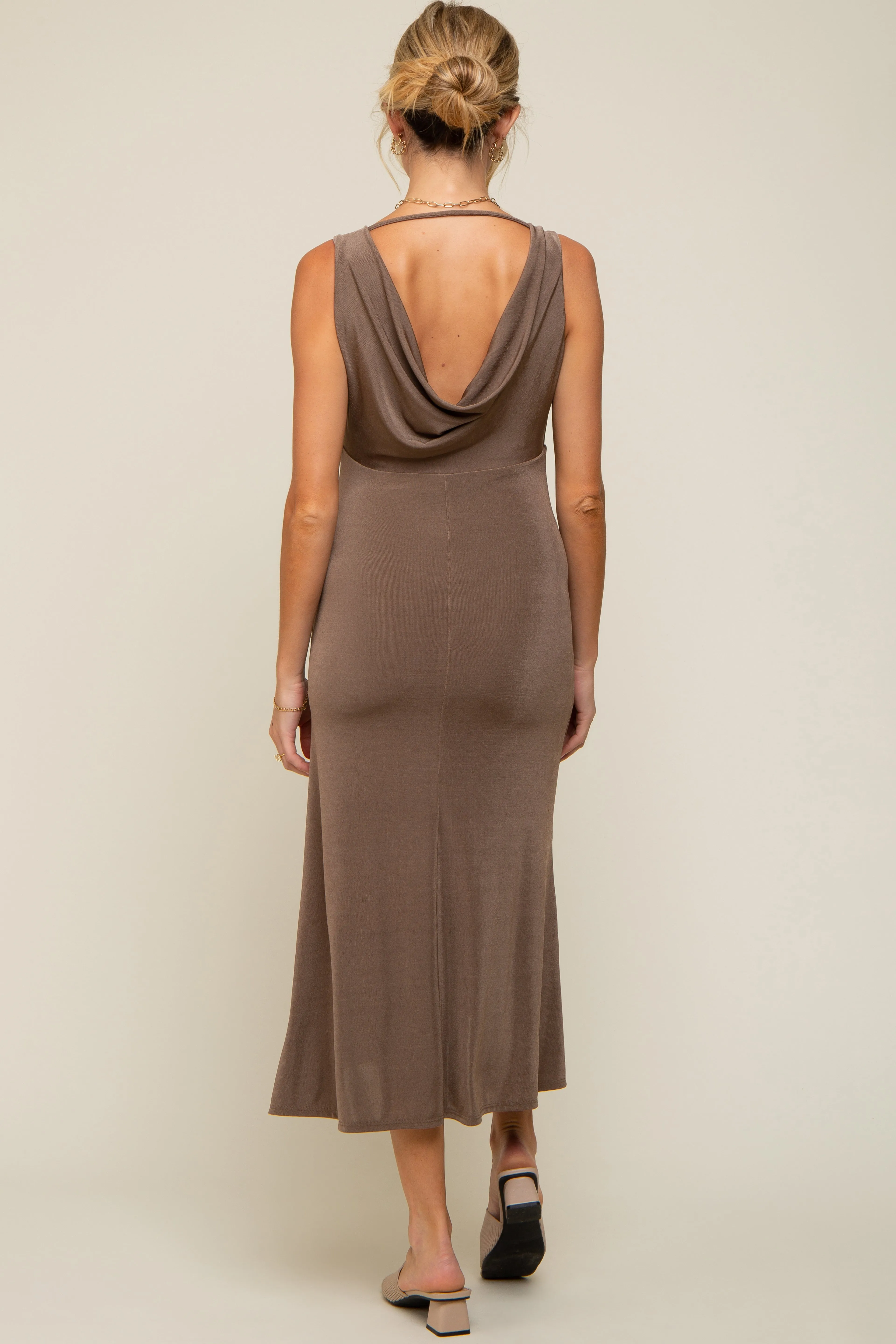 Mocha A-Line Draped Back Maternity Midi Dress sold by Pinkblush product image thumbnail 3