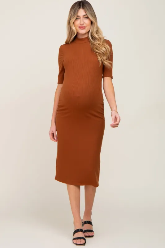 Mocha Ribbed Mock Neck Maternity Midi Dress sold by Pinkblush