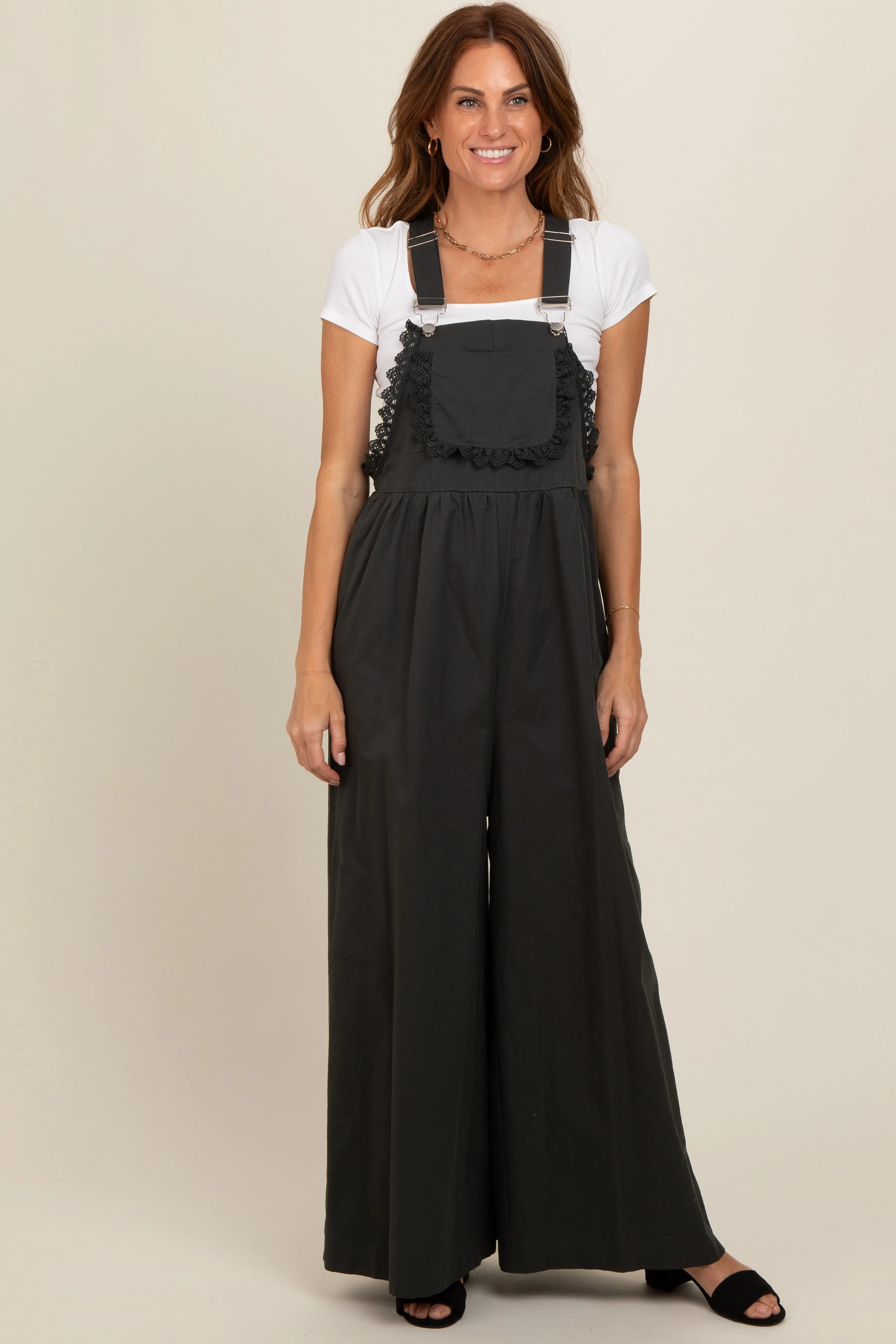 Charcoal Crochet Lace Trim Overalls sold by Pinkblush product image thumbnail 2